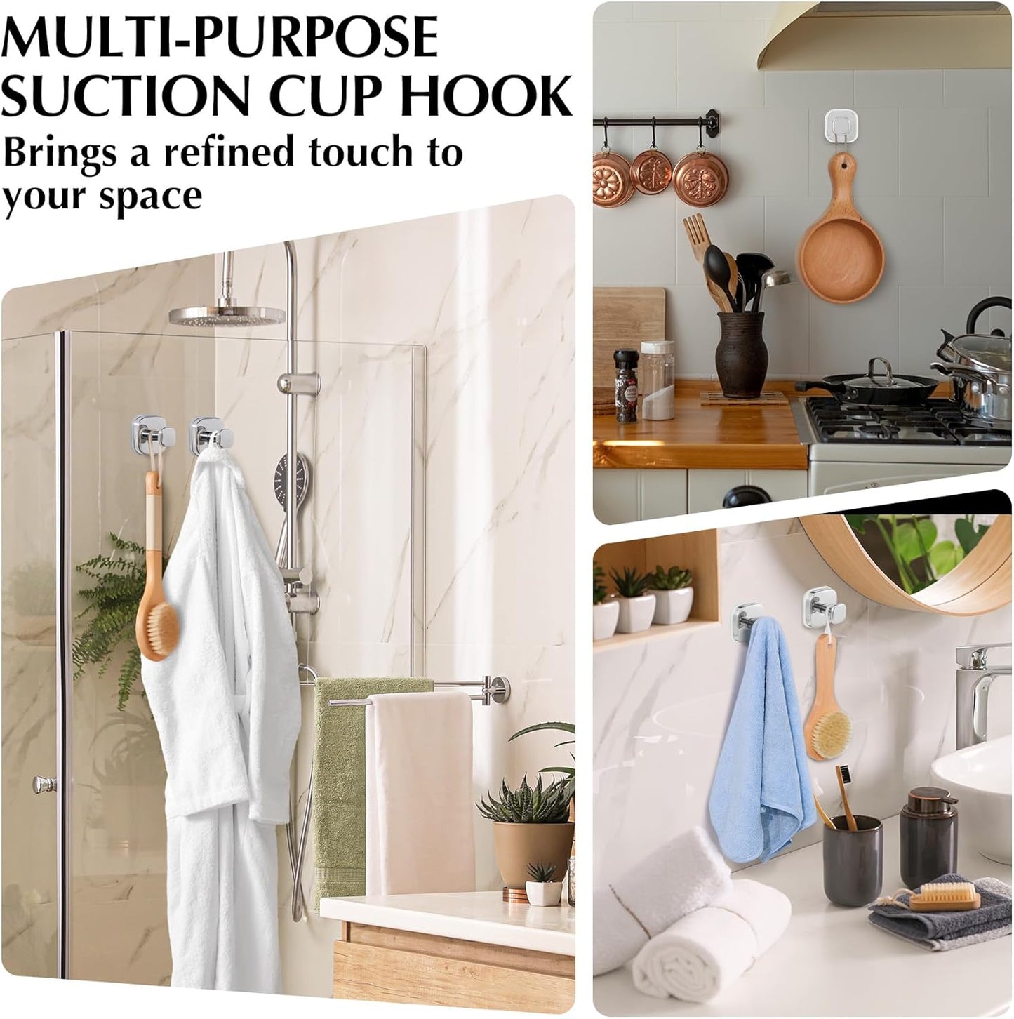 Suction Cup Hooks for Shower - Reusable No-Drill Mounting - Hooks for Towels, Robes & Loofah on Metal, Glass, Mirrors, Tile & Smooth Non-Porous Surfaces (4, Chrome Polished)