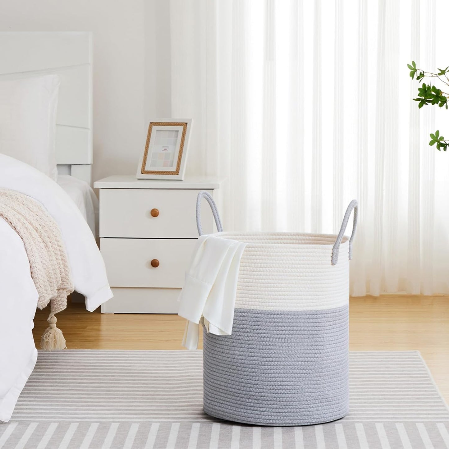 VIPOSCO Large Laundry Hamper, Tall Woven Rope Storage Basket for Blanket, Toys, Dirty Clothes in Living Room, Bathroom, Bedroom - 53L Grey & White