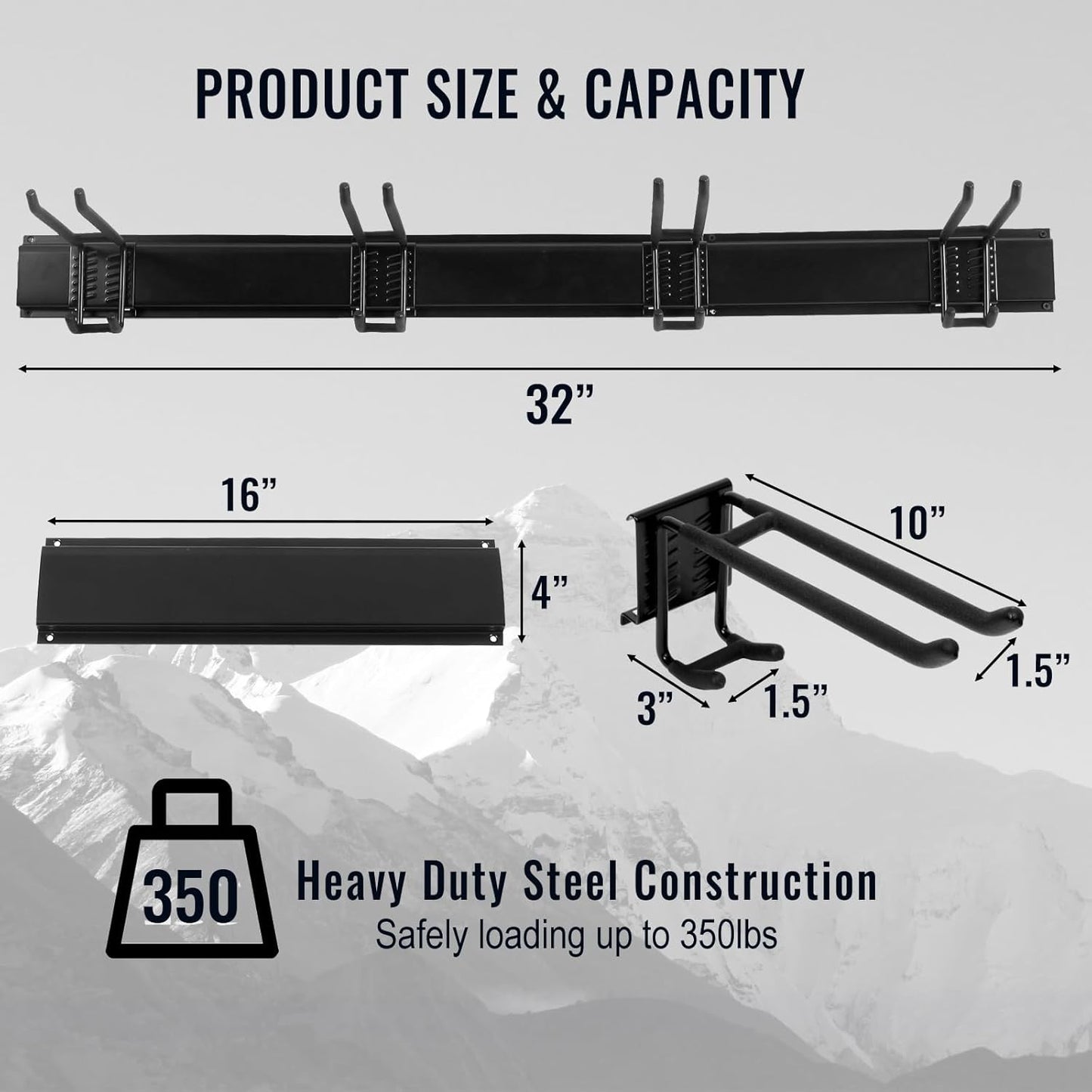 Wall Mount Tool Storage Rack, Heavy Duty Garage Storage Tool Organizer, Garden Tool Wall Hooks and Hangers, Hold Up to 350lbs (Black 6pcs)