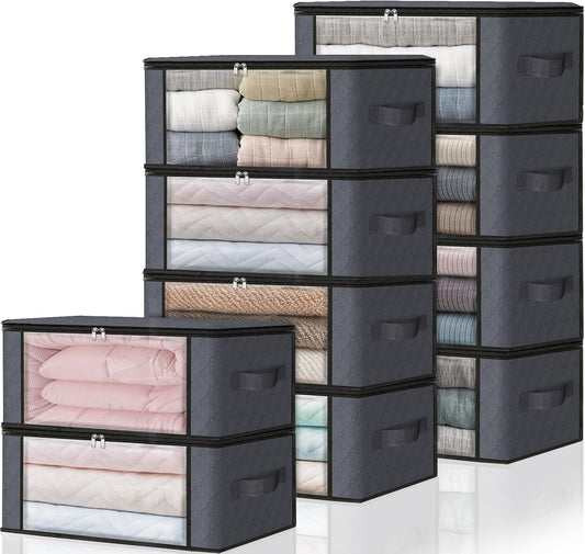 HomeHacks Storage 10-Pack Clothes Organizer Storage Bags Foldable Storage Box with Large Clear Window Sturdy Handles for Closet, Dorm, Pillows, Bedding, Clothes, Blankets, 35L, Grey