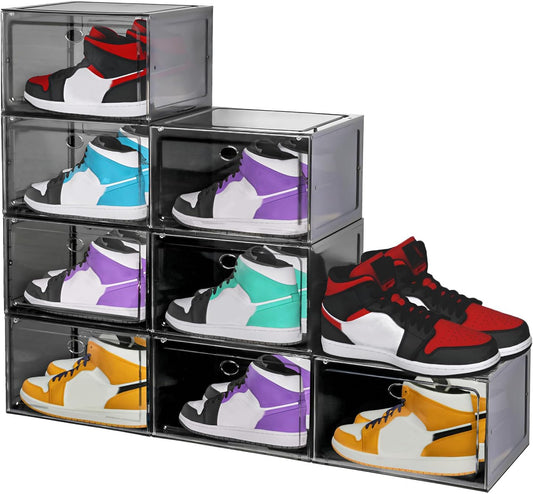 Large Shoe Boxes Clear Plastic Stackable, 8 Pack Drop Side Shoe Storage Boxes with Magnetic Door, Shoe Storage Organizer Sneaker Storage Display Fit up to US Size 13 Black