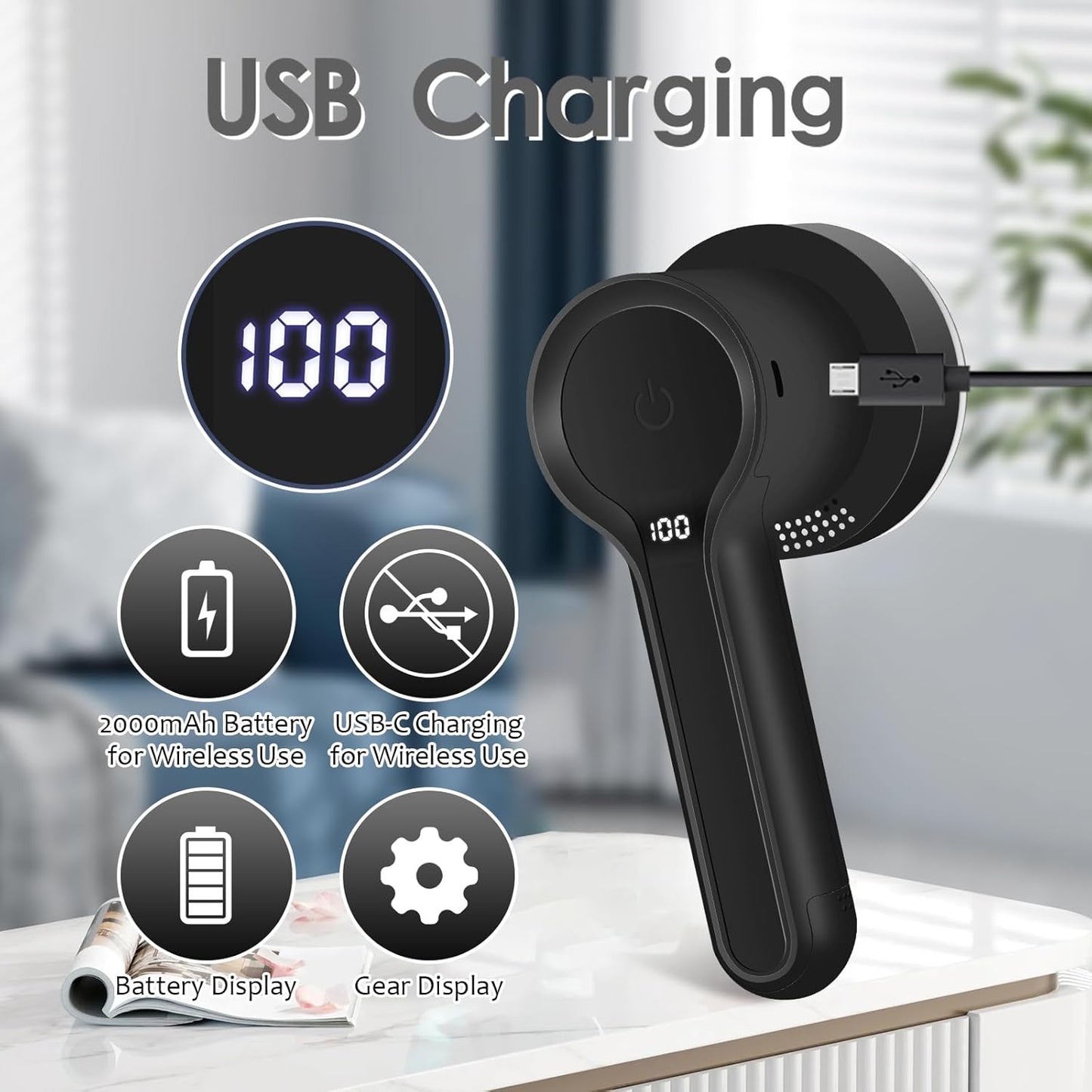 SUPER LINT Electric Fabric Shaver Electrostatic Brush, LED Display, 3-Speeds, Rechargeable Sweater Shavers to Remove Pilling for Clothing, Couch, Furniture, Black