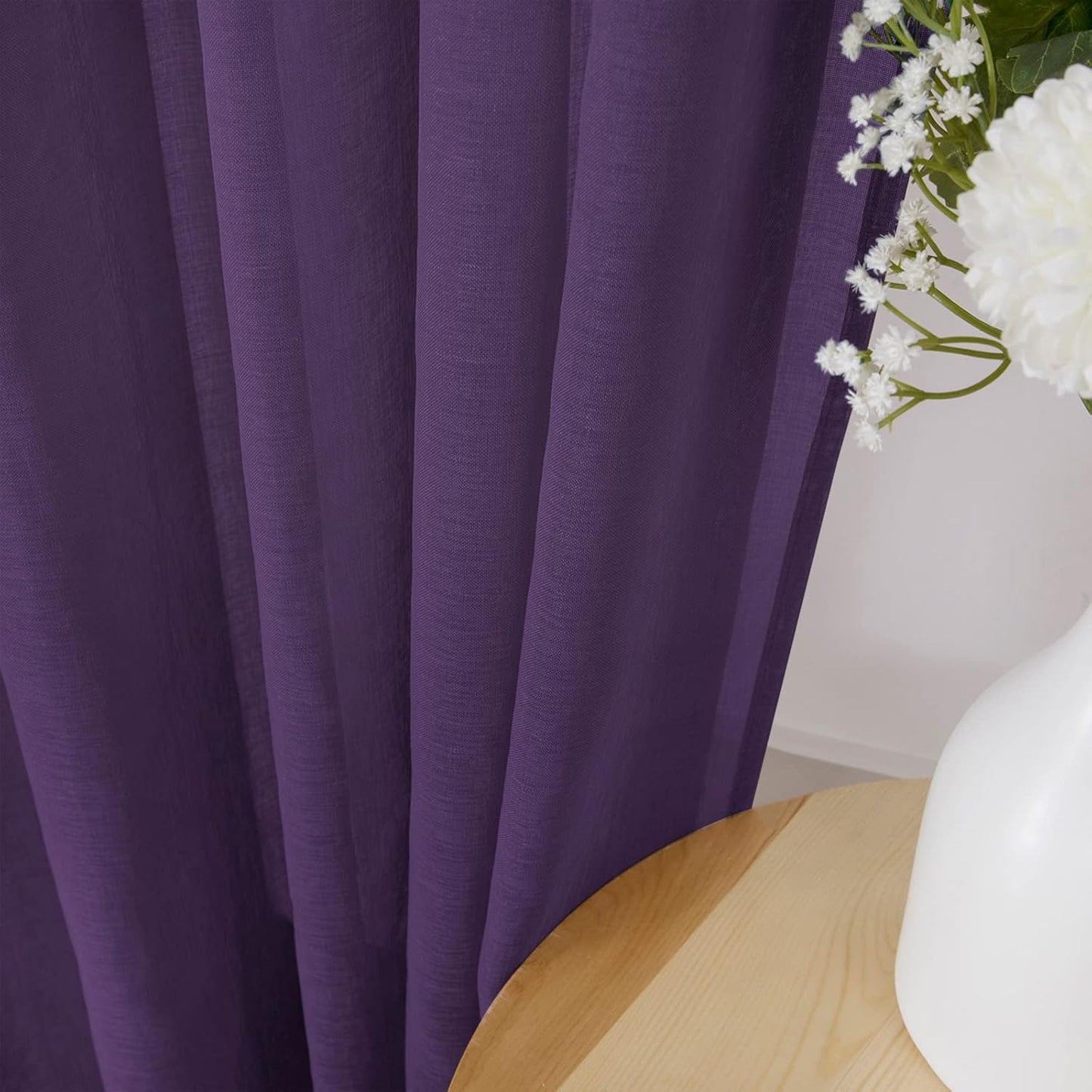 Tollpiz Sheer Curtains Living Room Linen Textured Curtain Sheers Light Filtering Voile Rod Pocket Curtains for Bedroom, 38 x 63 inches Long, Royal Purple, Set of 2 Panels