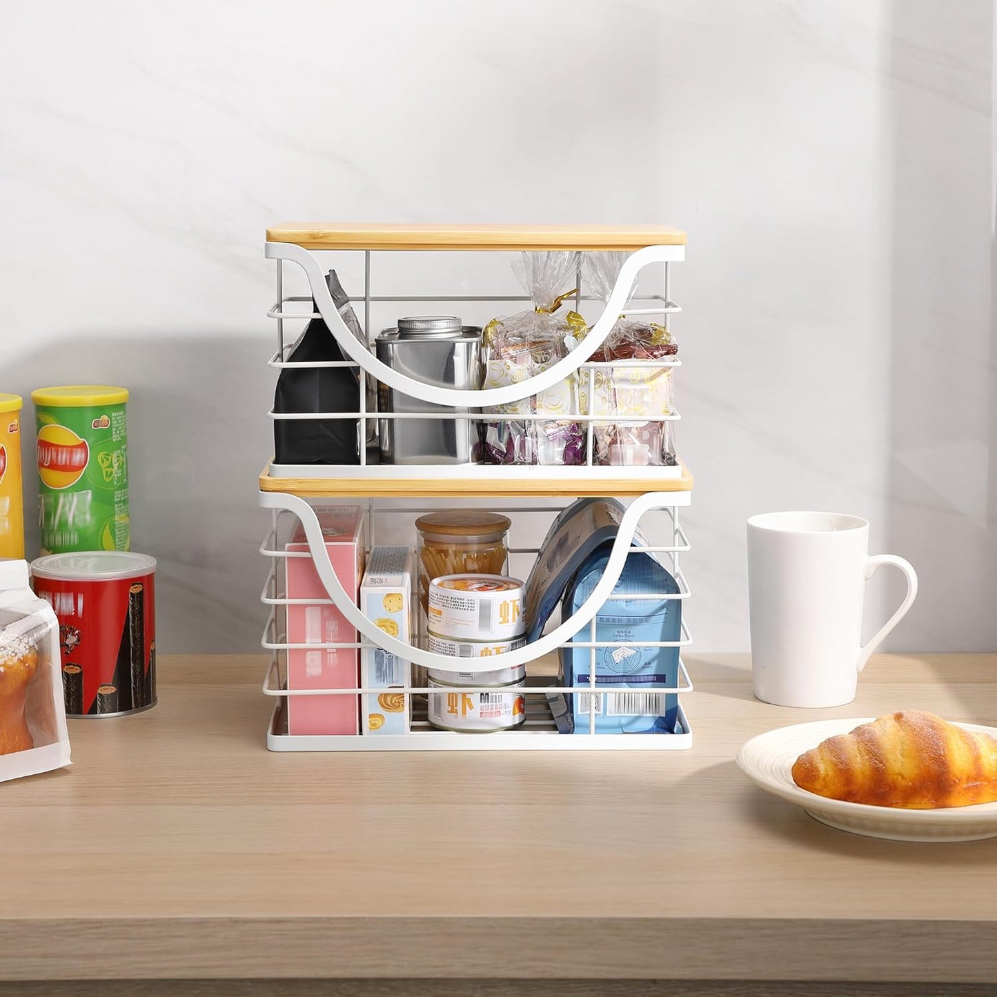 Extra Large Trash Bag Holder Stackable Kitchen Storage White, 2 Pack Wall Mounted Pantry Organizers and Storage with Bamboo Top, Garbage Bag Dispenser Under Sink for Laundry Room and Kitchen