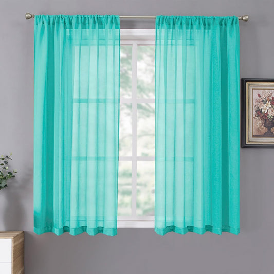 Tollpiz Short Sheer Curtains Linen Textured Living Room Curtain Sheers Light Filtering Rod Pocket Voile Curtains for Bedroom, 42 x 45 inches Long, Aqua Blue, Set of 2 Panels