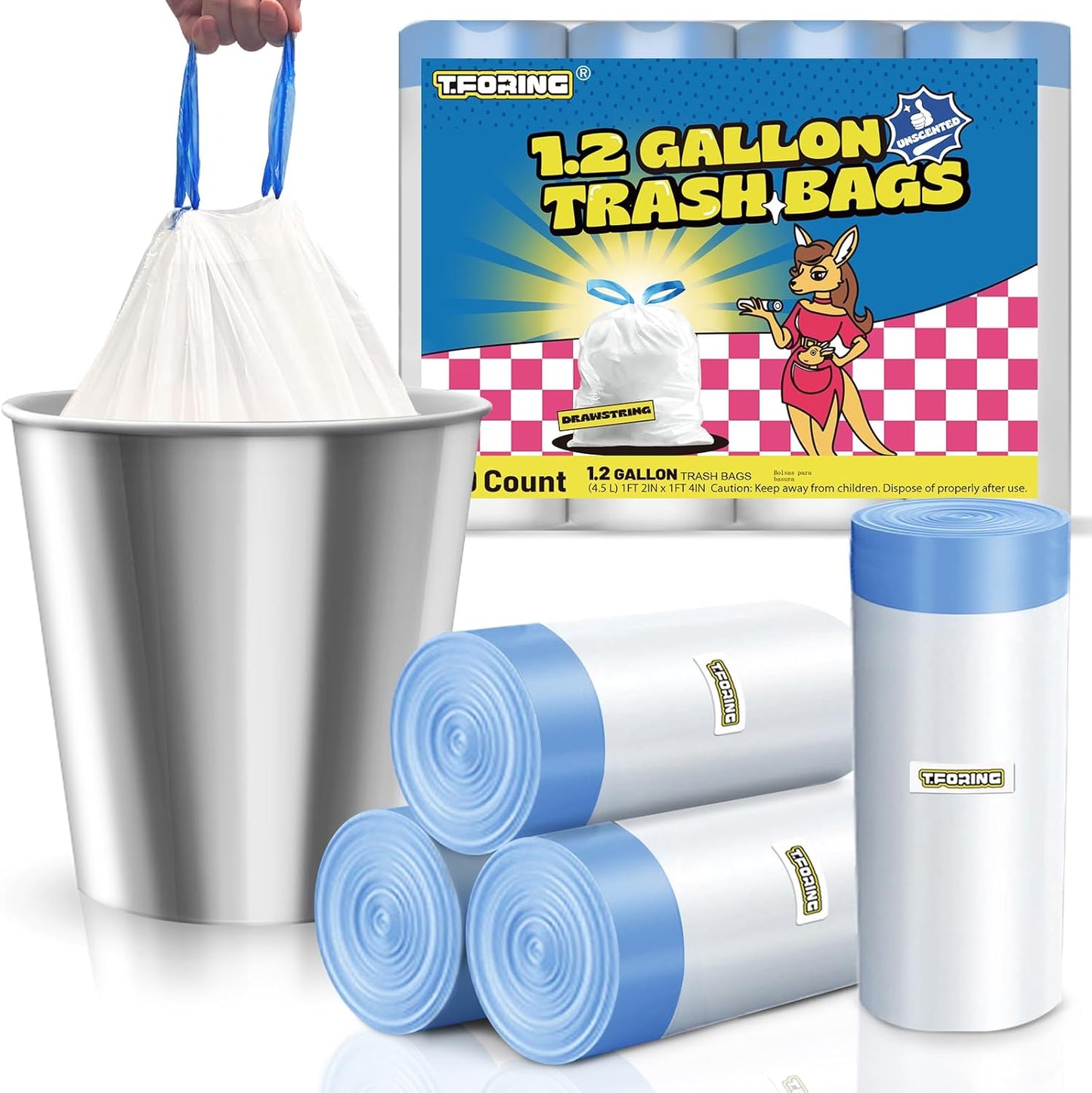 1.2 Gallon Mini Trash Bags Drawstring - 120 Count Thick Small Garbage Bags Unscented,White Trash Can Liners Strong Little Waste Basket Bags 4.5 Liter for Home Bathroom Office Car