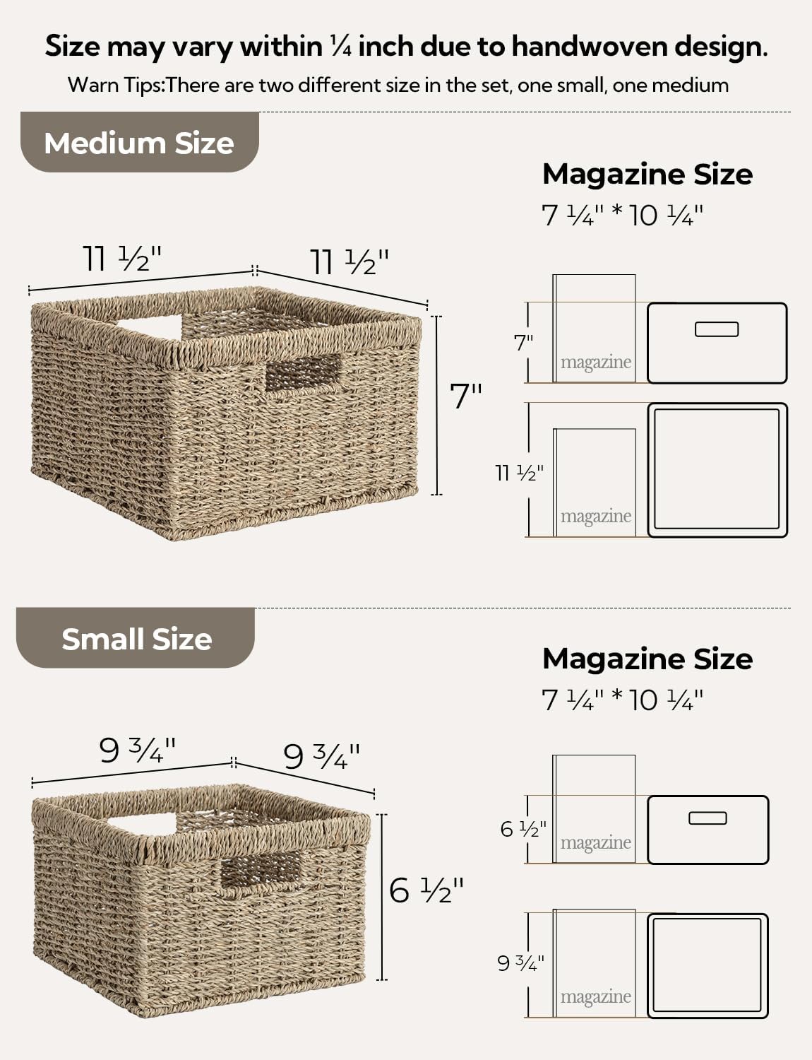 StorageWorks Wicker Storage Baskets, Large and Small Baskets, Handwoven Seagrass Basket for Organizing, Decorative Wicker Baskets with Built-in Handles, Set of 2