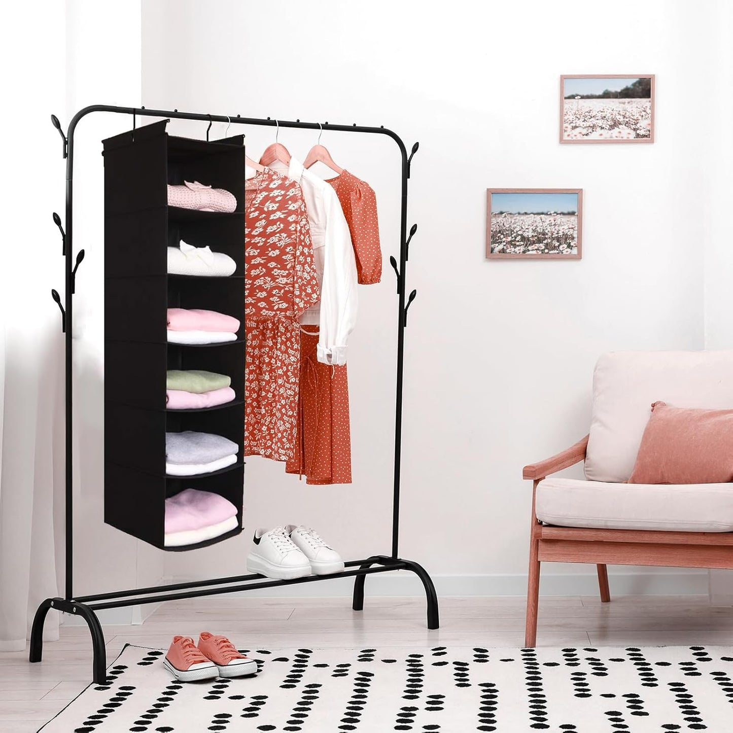 MAX Houser 6 Tier Shelf Hanging Closet Organizer, Closet Hanging Shelf with 2 Sturdy Hooks for Storage, Foldable (Black)