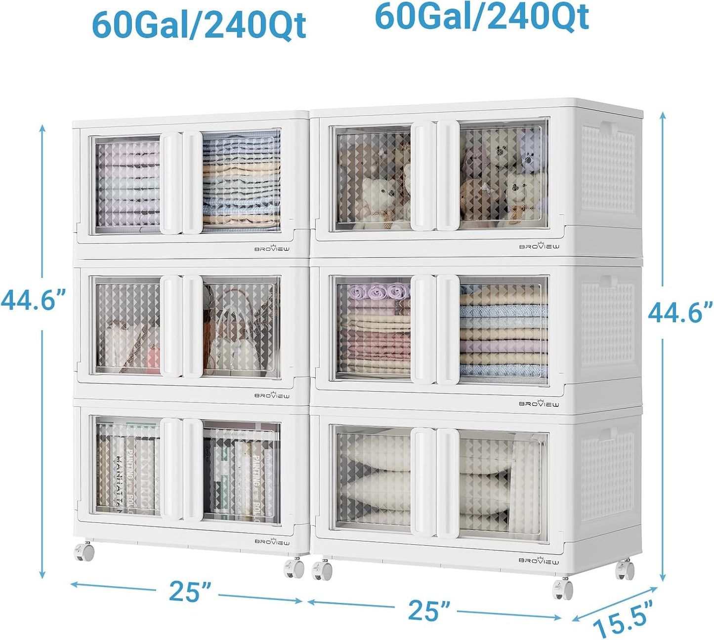 BROVIEW 120Gal Stackable Storage Bins with Lids & Wheels, 480Qt Plastic Collapsible Closet Organizer and Storage Drawers, Storage Boxes Cabinets for Home, Office, 6 Pack, White