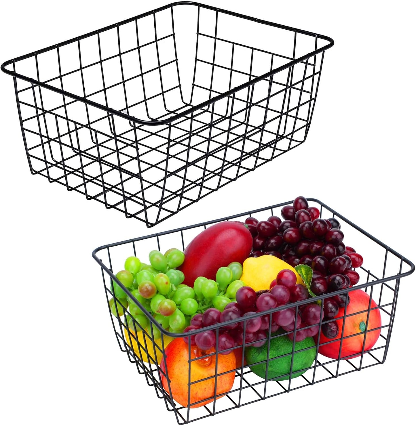 Kitchen Wire Baskets Farmhouse Decor Metal Food Storage Organizer, Household Refrigerator Bin with Built-in Handles for Cabinets,Pantry Set of 2 Black