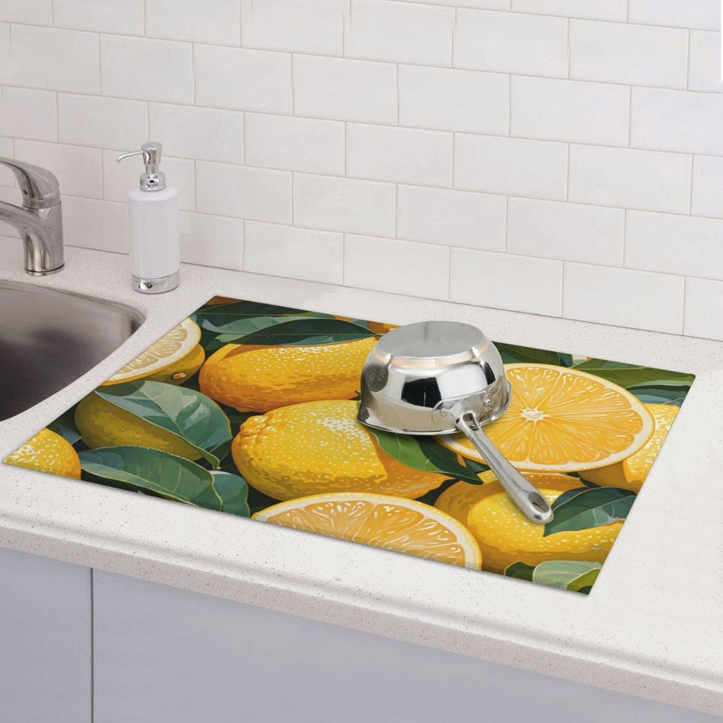 lemon Dish Drying Mat Highly Absorbent Double-Sided Microfiber with Hanging Loop Reversible Drain Dish Rack Mat Drain Mat Suitable for Kitchen Countertop Coffee Bar 18 x 24 Inch