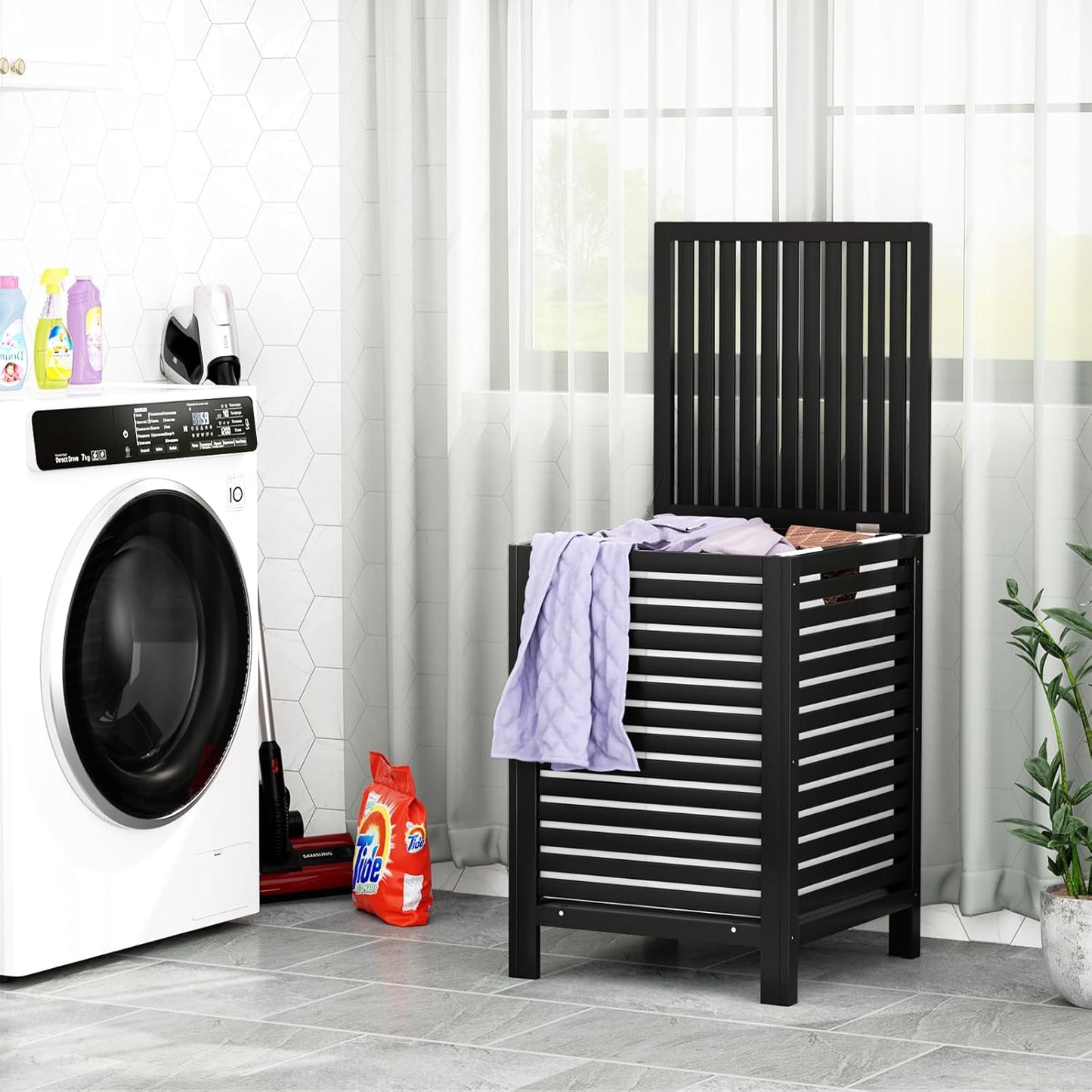 Homykic Bamboo Laundry Hamper with Lid, 120L Large Clothes Laundry Sorter with Removable 2-Section Liner Bag, Raised Laundry Basket Organizer for Clothing, Bathroom, Bedroom, Laundry Room, Black