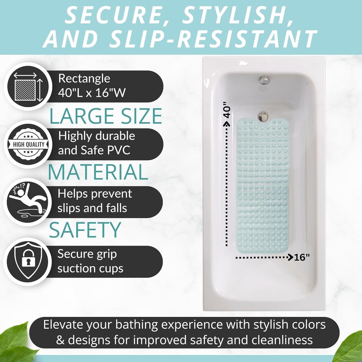 ENKOSI Bath Mat - Large Non Slip Bathtub & Shower Mat - Extra Long 40 x 16 Inch Bathroom Mats for Tub Nonslip Anti Slip Bathmats (40x16 Mint Green 1-Pack)