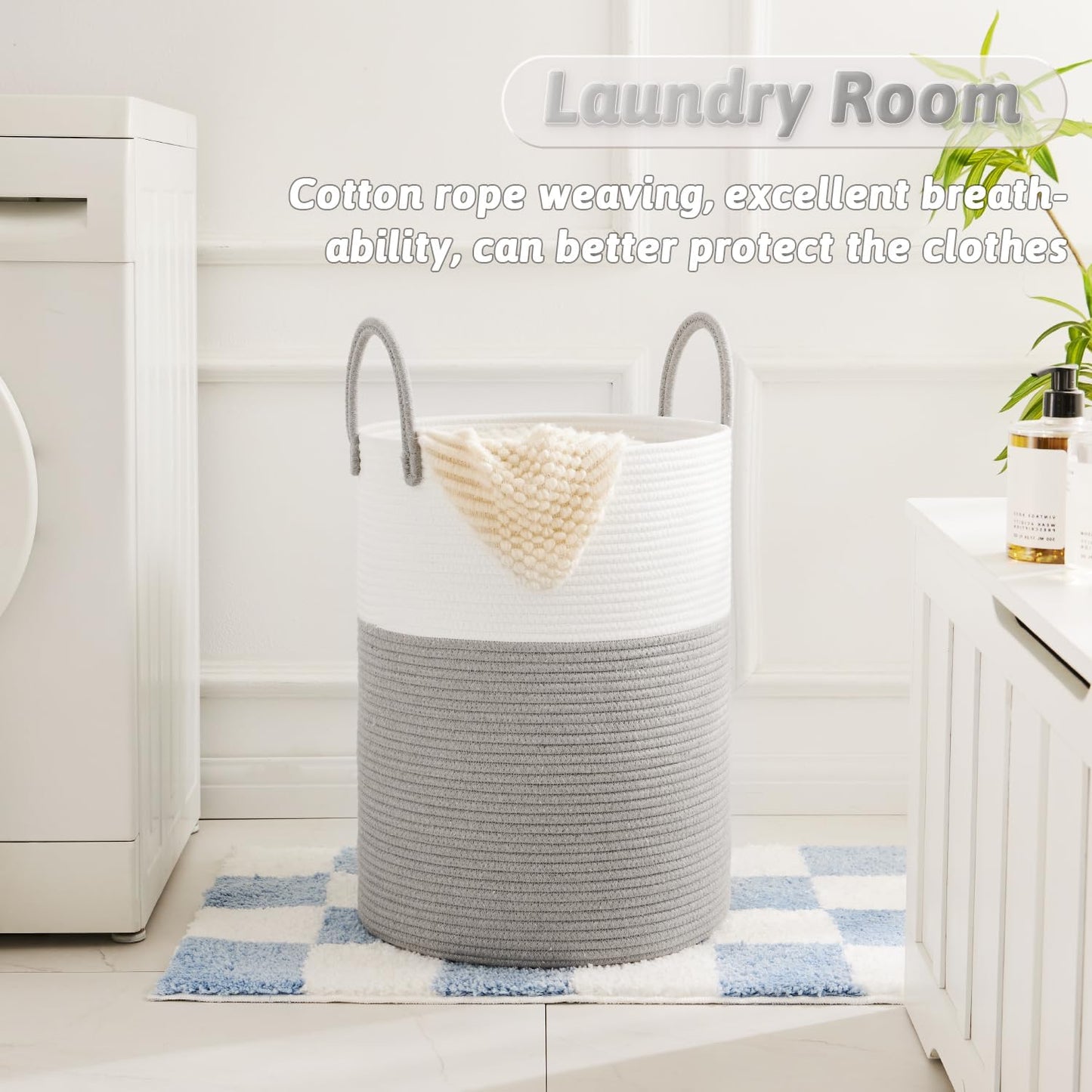 Laundry Basket,Woven Cotton Rope Laundry Hamper,60L for Decorative Storage of Dirty Clothes,Toys and Blankets in Bathroom,Baby Room and Living Room