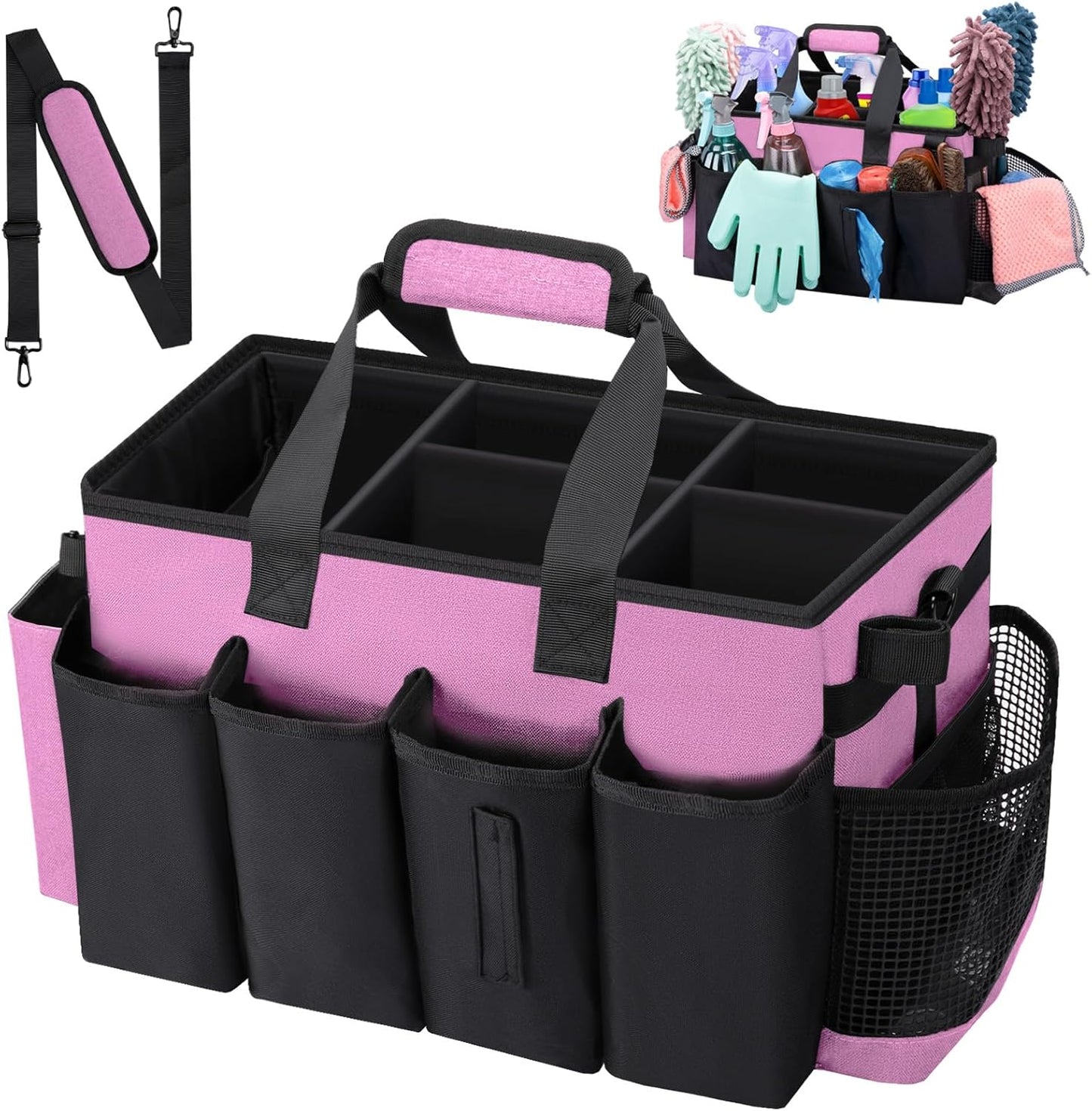 Wearable Large Cleaning Caddy Bag for Housekeeper, Clean Supply Organizer with Adjustable Shoulder, Waist & Handle Straps, Detailing Bag for Kitchen Supplies (Pink)