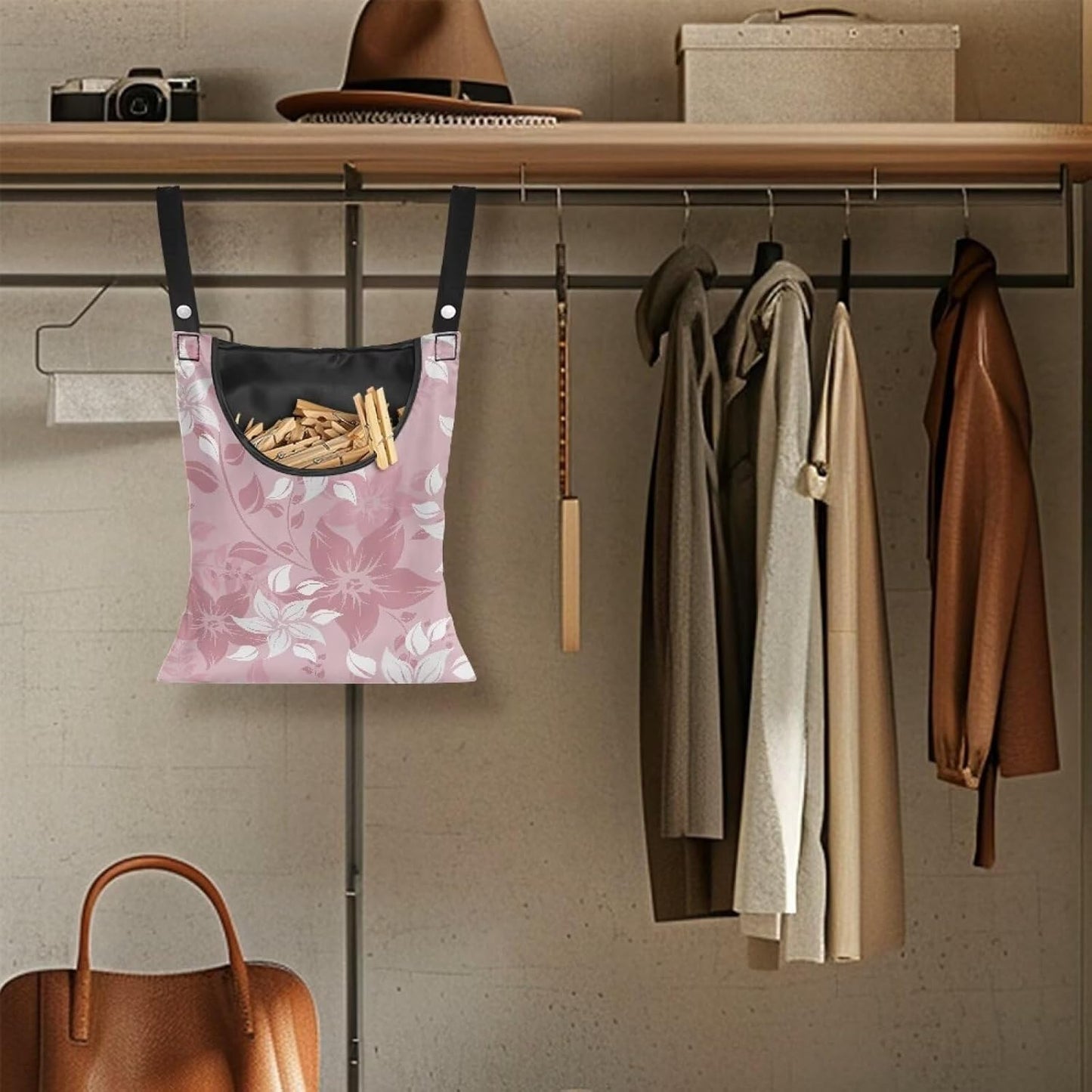 Reinforced Outdoor Clothespin Storage - Minimalist Pink Flower Print Windproof Hanging Bag with Large Opening - Weather Resistant Design for Year-Round Clothesline Use 14.5x12in