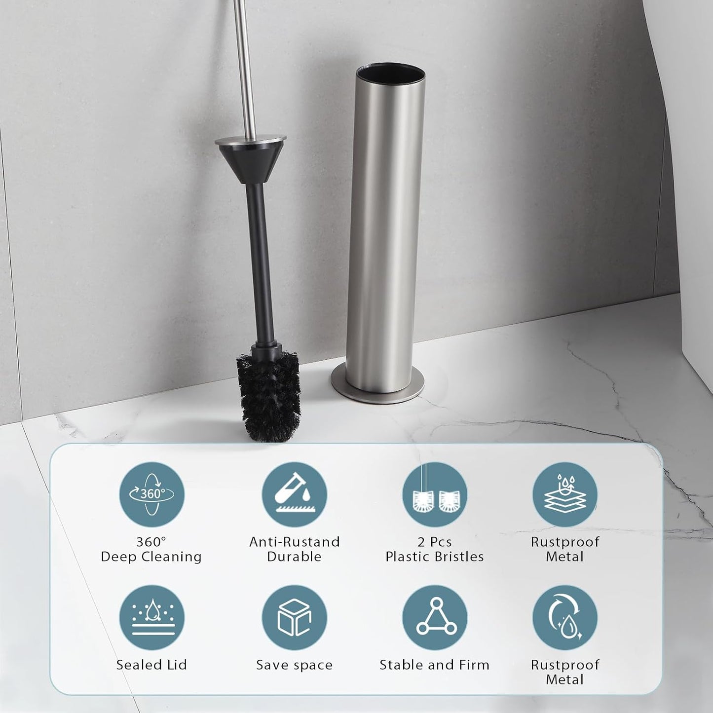 BGL Toilet Brush and Holder Set, Heavy Duty 304 Stainless Steel, Round Base and Long Handle for Bathroom Deep Cleaning, Drip-Proof, Space Saving for Storag, Stainless Steel