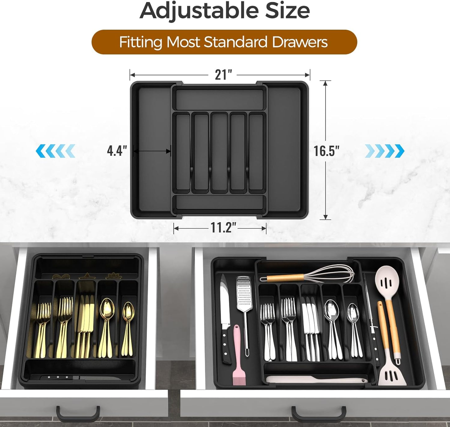Extra Large Expandable Silverware Organizer, BPA-Free Food-Safe Cutlery Flatware Organizer, Kitchen Utensil Drawer Organizer, Adjustable Silverware Holder for Spoons Forks Knives, Black