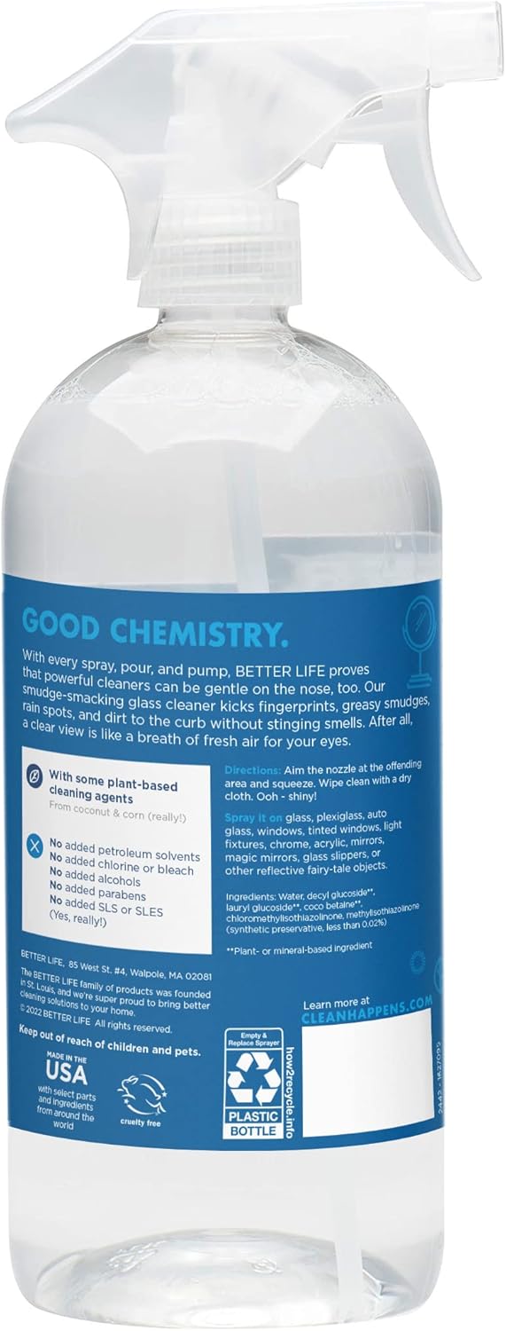 Better Life Glass Cleaner, Streak-free Window Cleaner, Surface Cleaning Spray, Mirror, Screen and Shower Door Cleaner, Removes Fingerprints, Dust, Dirt, Unscented, 32 Oz, Pack of 1