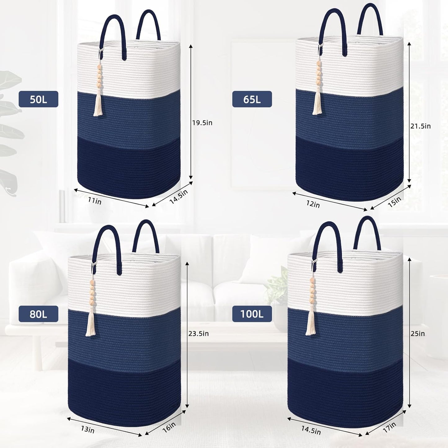 Woven Laundry Basket for Clothes,65 L Large Rectangle Laundry Hampers with Beads Tassel, Nursery Storage Basket for Toys, Tall Dirty Clothes Hamper for Bedroom Aesthetic, Laundry Room Organization