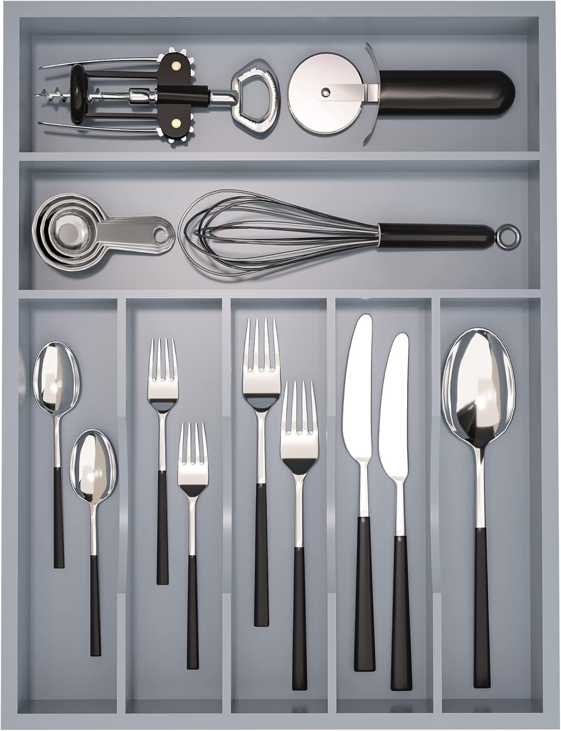 Utensil Organizer Silverware Drawer Organizer - 7 Slots Bamboo Utensil Tray Multifunctional Small Silverware Organizer for Kitchen Utensils, Garage Tools, Makeup Storage W13”x L17” (Grey)