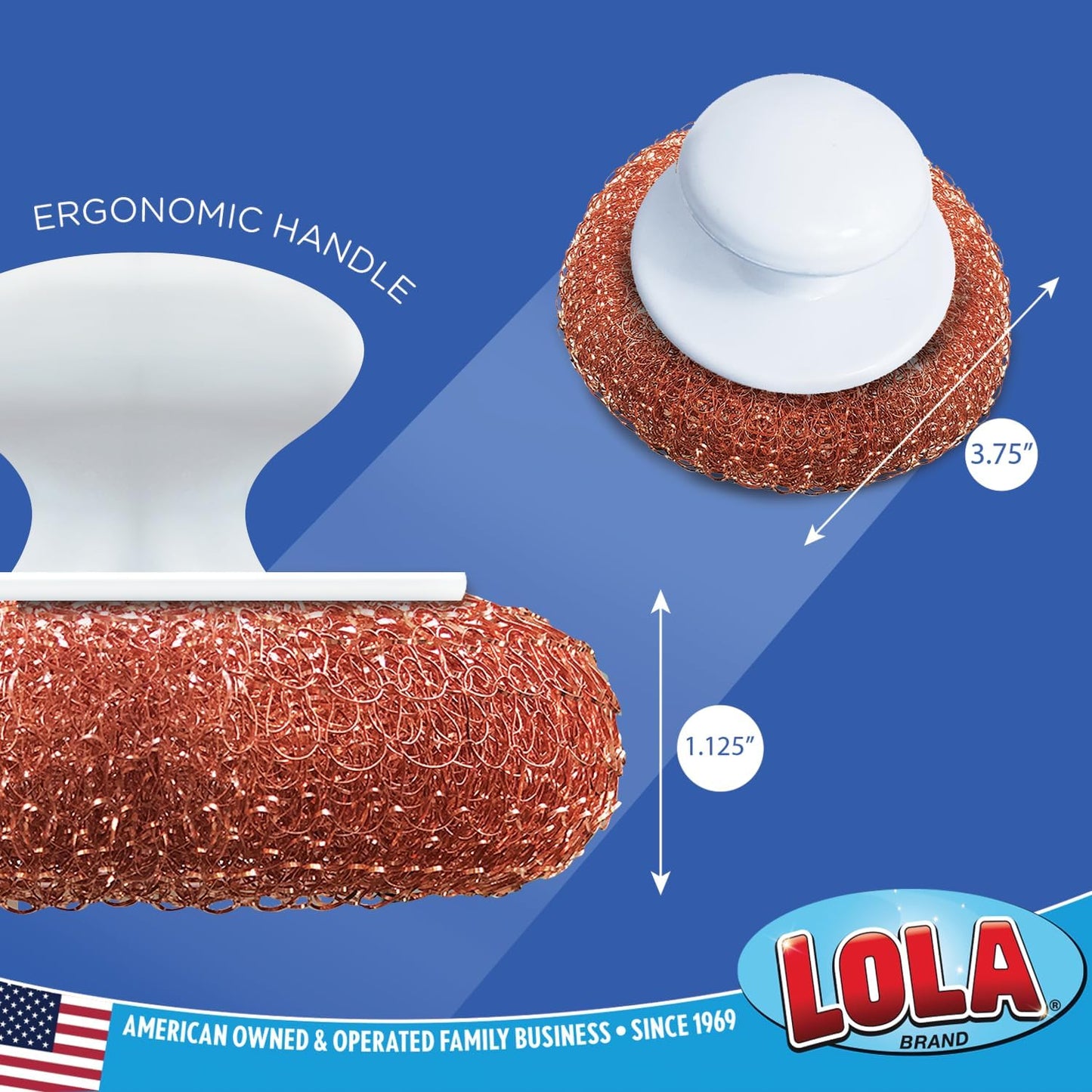 LOLA Copper Mesh Scouring Pad w/Comfort Knob, 144 Pack, Heavy Duty Cleaning Pads, Knitted Wire Mesh, Cleans Caked-On & Baked-On Messes