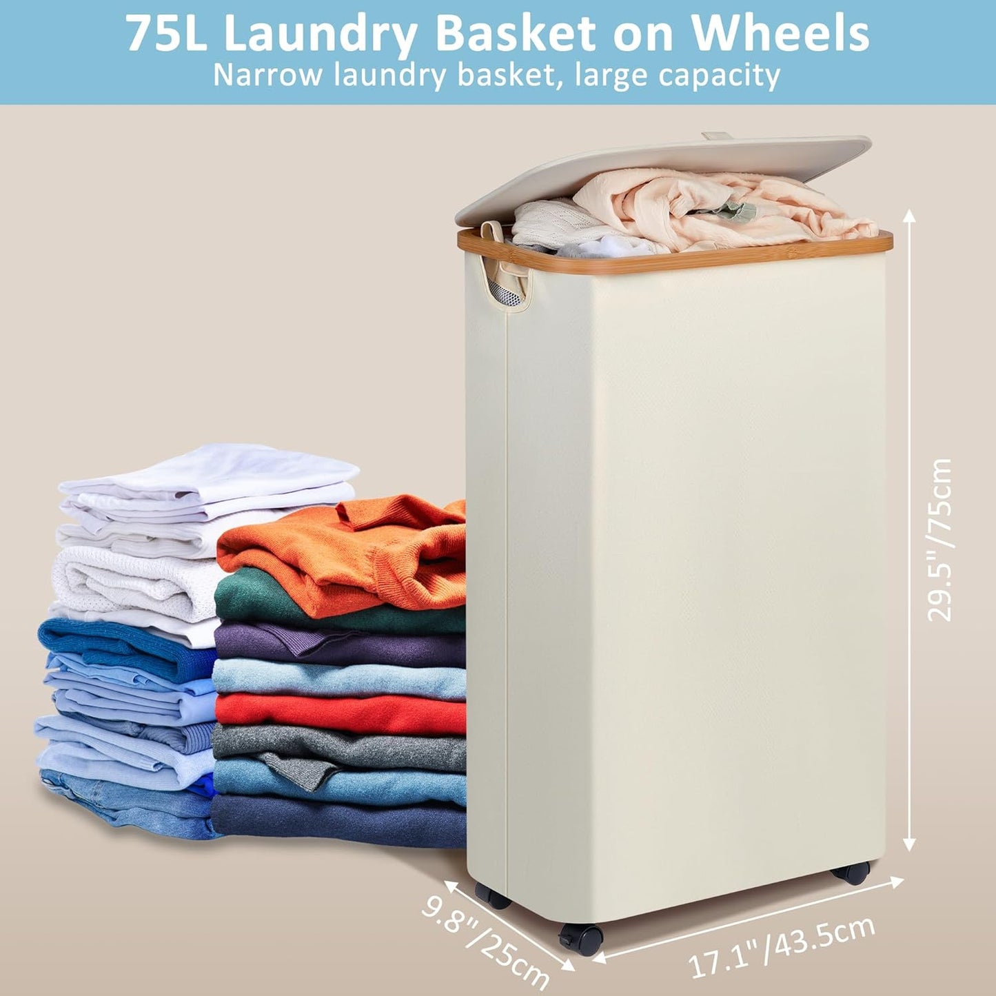 efluky Slim Laundry Basket with Wheels, Narrow Rolling Laundry Hamper with Lid and Removable Bag, Aesthetic Dirty Clothes Hamper on Wheels for Laundry Room, Bedroom, Dorm and Bathroom, 75L Beige