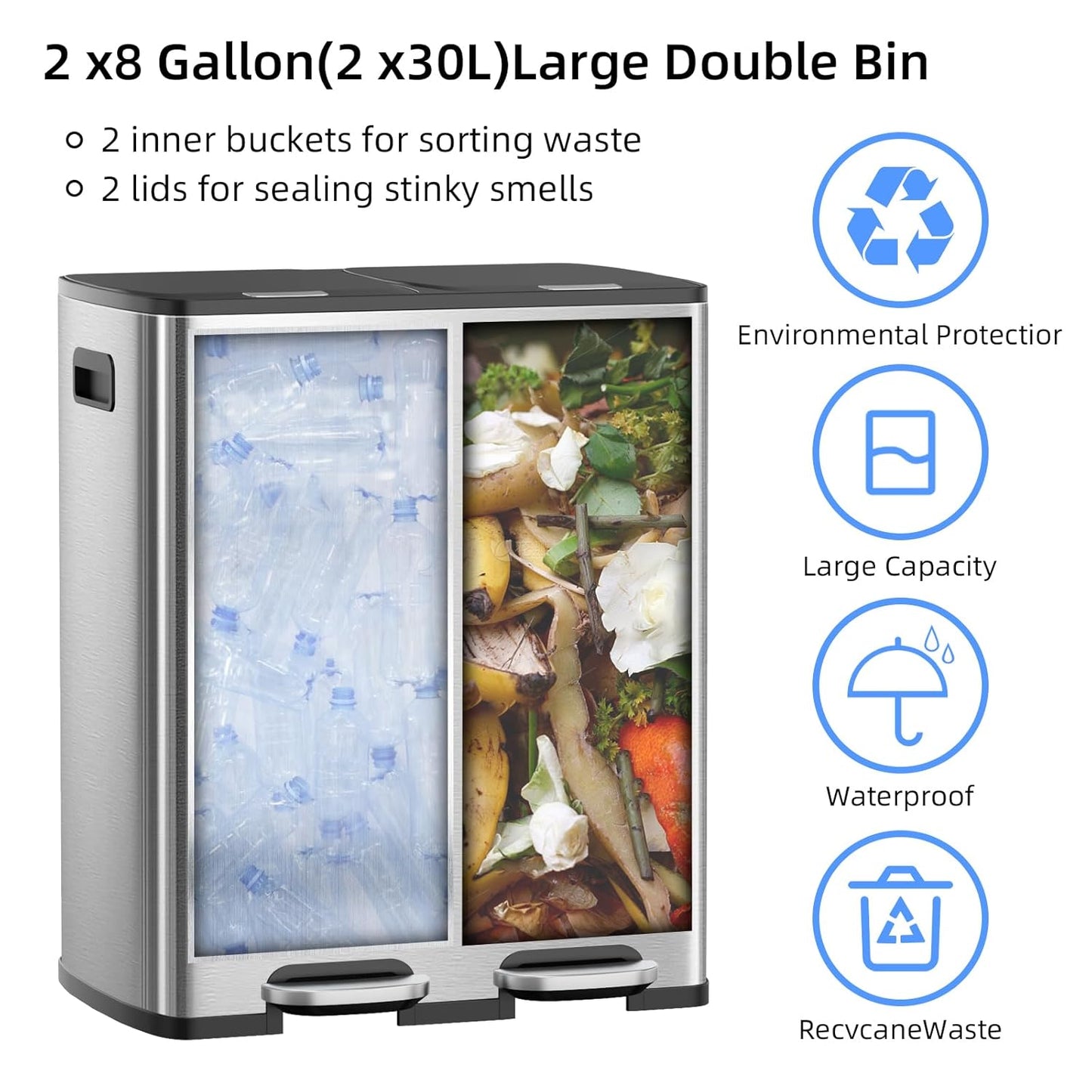 KUK 60 Liter / 16 Gallon Dual Trash Can with Lid, Stainless Steel Kitchen Step Garbage Can, 2 x 8 Gal Double Compartment Classified Rubbish Bin with 2 Plastic Inner Buckets Silver