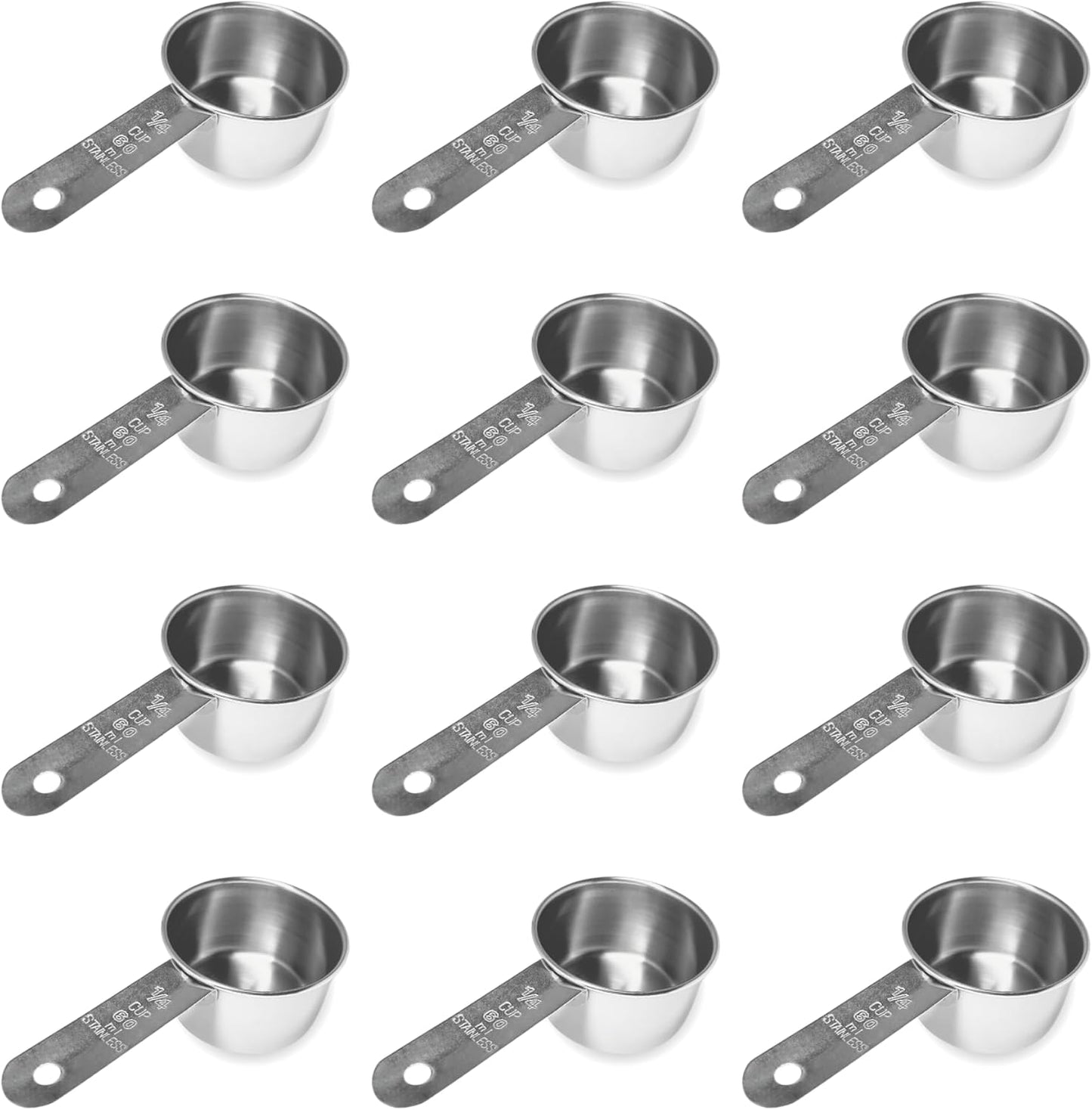 1/4 Cup Stainless Steel Measuring Cup | Sturdy Metal 60 ml | 60 cc | 2 oz | Single Cup for Wet and Dry Ingredients | Great for use as 1/4 Cup Dog Food Scoop - 12 PK
