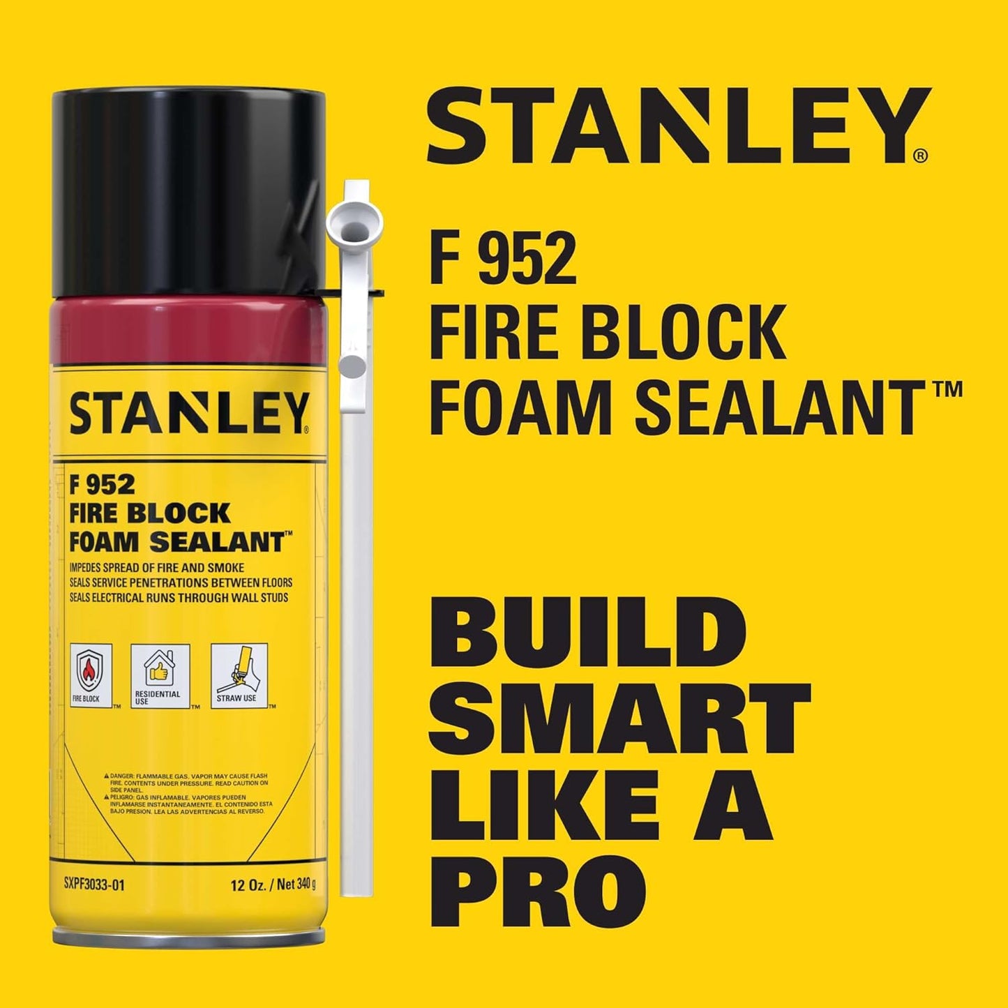 Stanley F952 Fire Block Spray Foam – (12x12oz) Fire Rated Expanding Polyurethane Foam Sealant for Gap Filling & Sealing on Doors, Windows, Walls, Pipes & Joints – Indoor/Outdoor Straw Use | 12 Pack