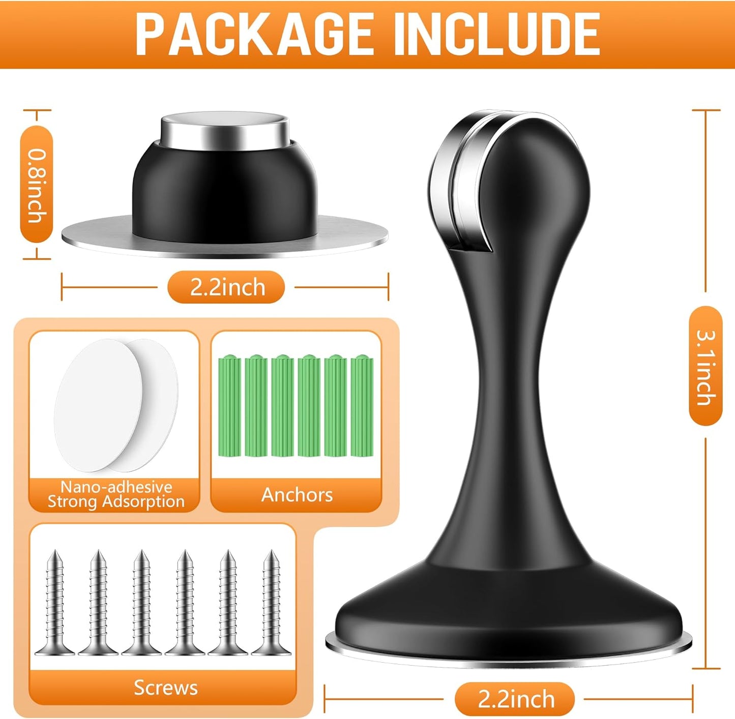 Crosize Magnetic Door Stoppers 2 Pack, Stainless Steel Door Catch for Wall and Floor Mounting, Door Holder Keep Door Open, No Drilling Door Stop with Adhesive Tapes, Black