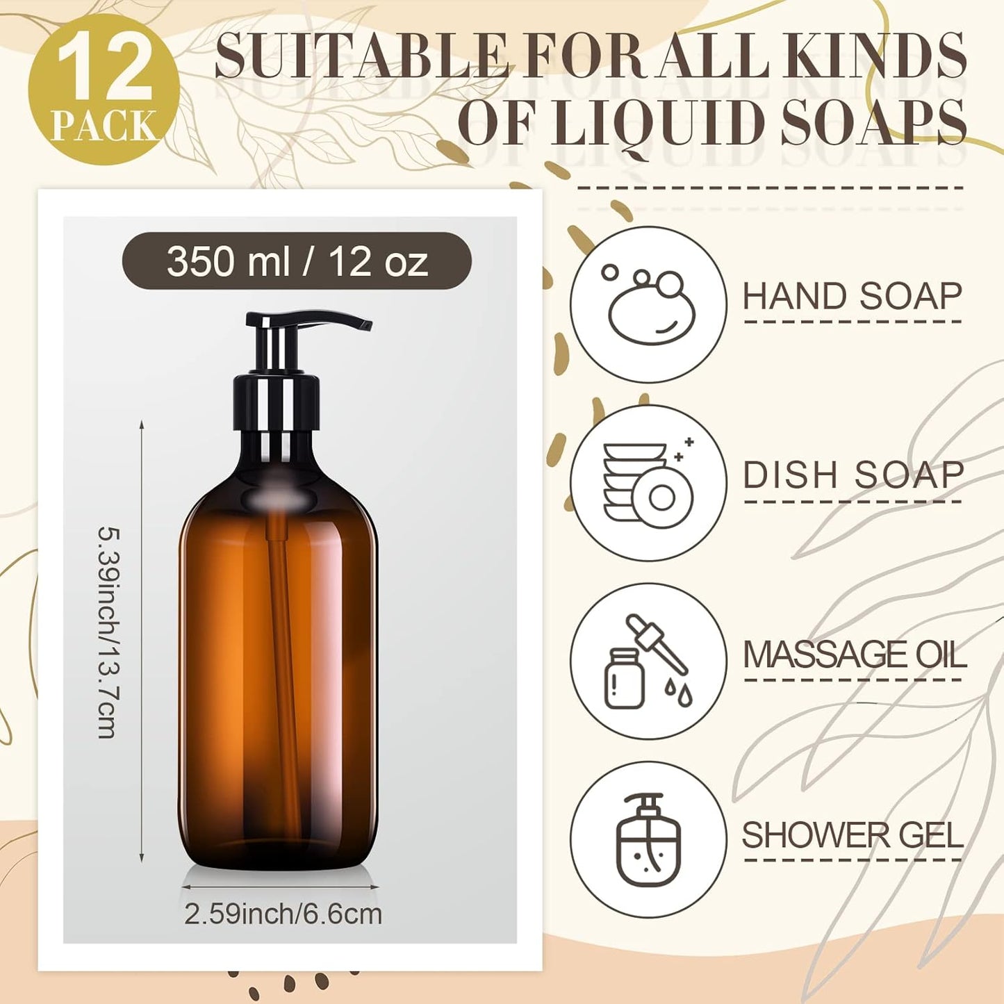 Tessco for you 12 Pack Amber Soap Dispenser Empty Plastic Pump Bottles Dispenser Refillable Shampoo Container for Hand Sanitizer Soap Lotion Body Wash Conditioner Bathroom Kitchen Travel(12 oz)