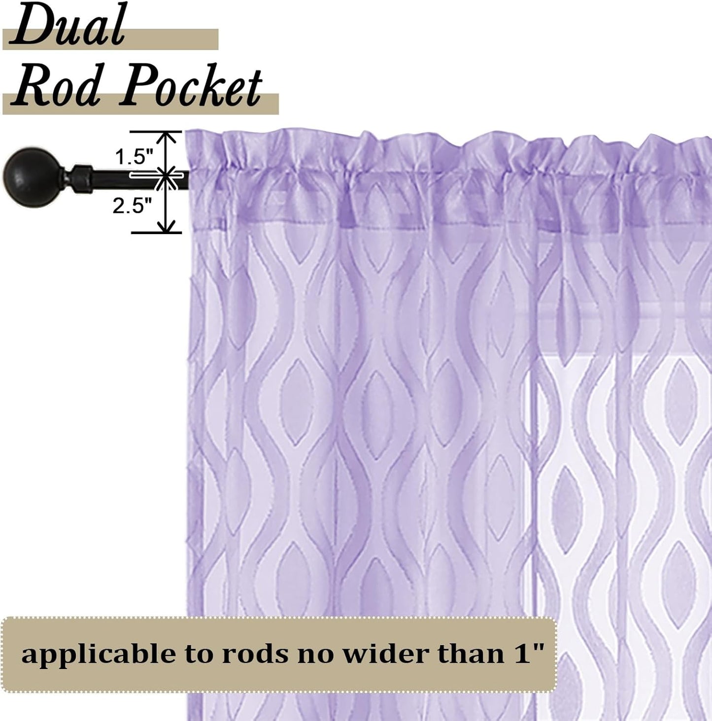 Aiyufeng Light Purple Sheer Curtains 72 Inches Long 2 Panels Set, Elegant Light Filtering Transparent Curtain Draperies for Bedroom Living Room, Classic Clip Wavy Line Door Curtains, 40Wx72L Inch