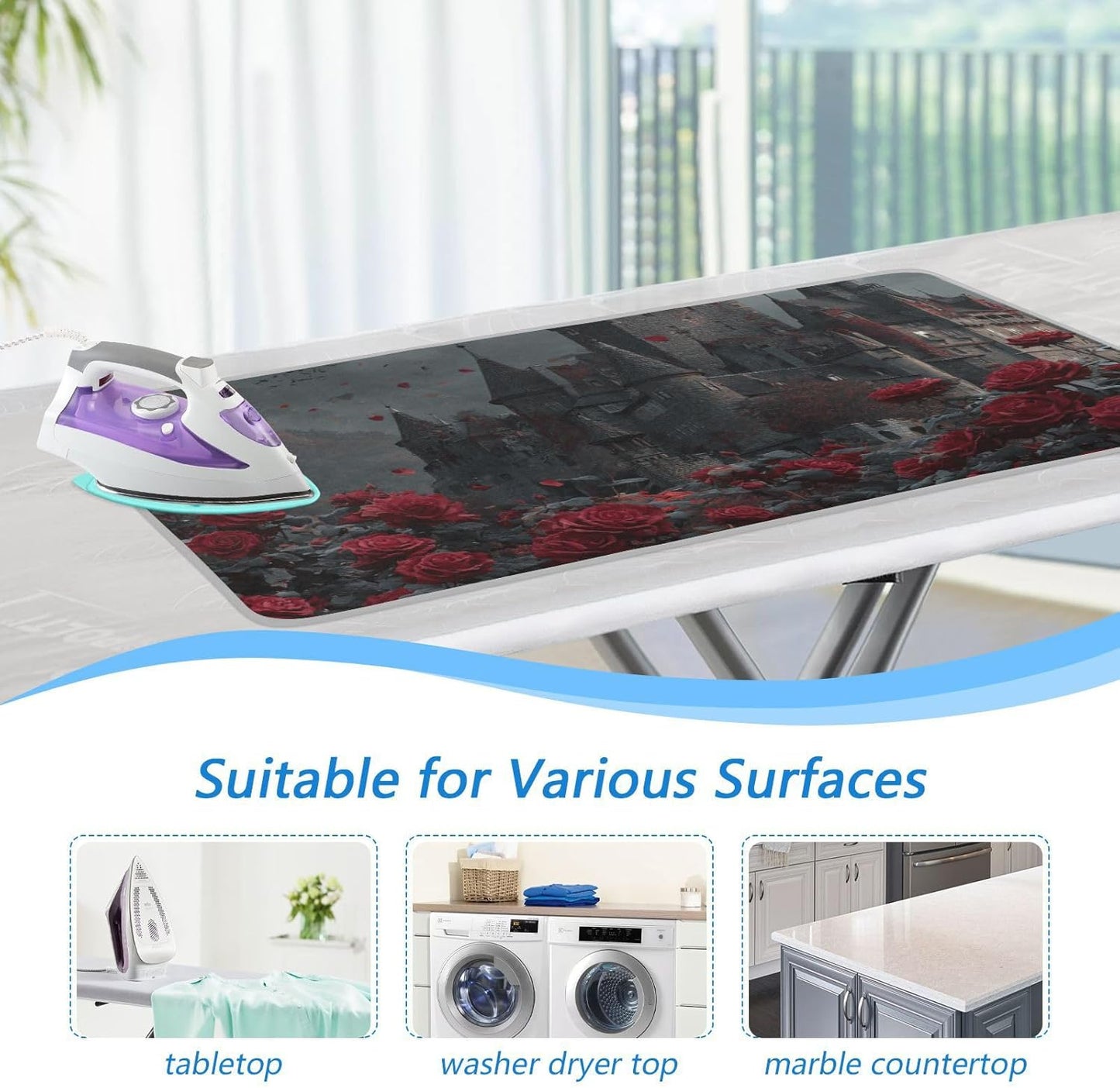 Castle Bats Rose Halloween Ironing Mat for Table top Portable Ironing Pad Blanket for Washer Dryer Countertop Travel