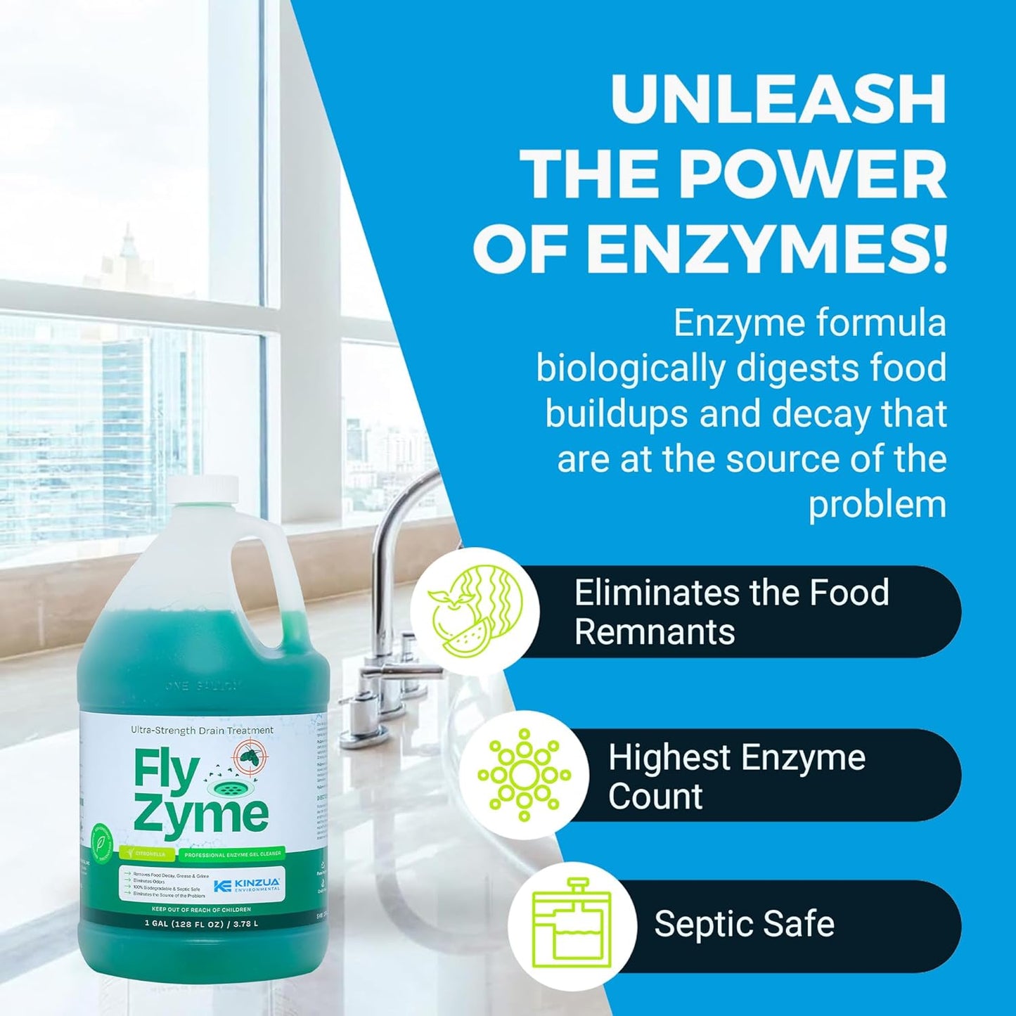 KINZUA ENVIRONMENTAL Fly-Zyme, Highly Concentrated Enzyme Drain Cleaner for Pipes & Citronella Scented Organic Waste Degrader & Odor Neutralizer, 1 Gallon