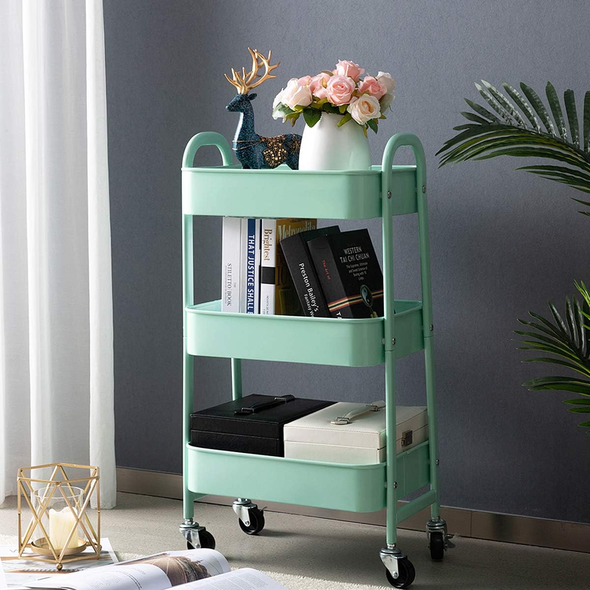 AGTEK Makeup Cart, Movable Rolling Organizer Cart, Macaron Blue 3 Tier Metal Utility Cart