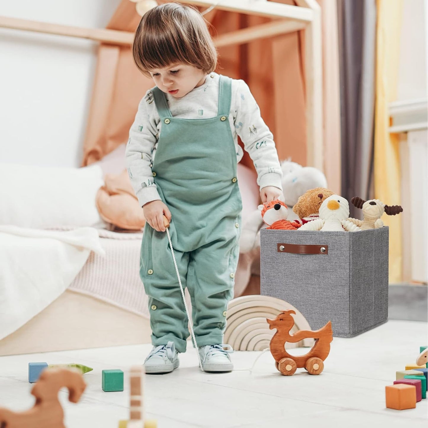 DULLEMELO 11x11 Cube Collapsible Fabric Storage Bins for Shelf Organizing, Toy Square Bins, Kids Clothes Closet Baskets Storage, for Bedroom, Living Room, Dorm(Gray-4 Pack)