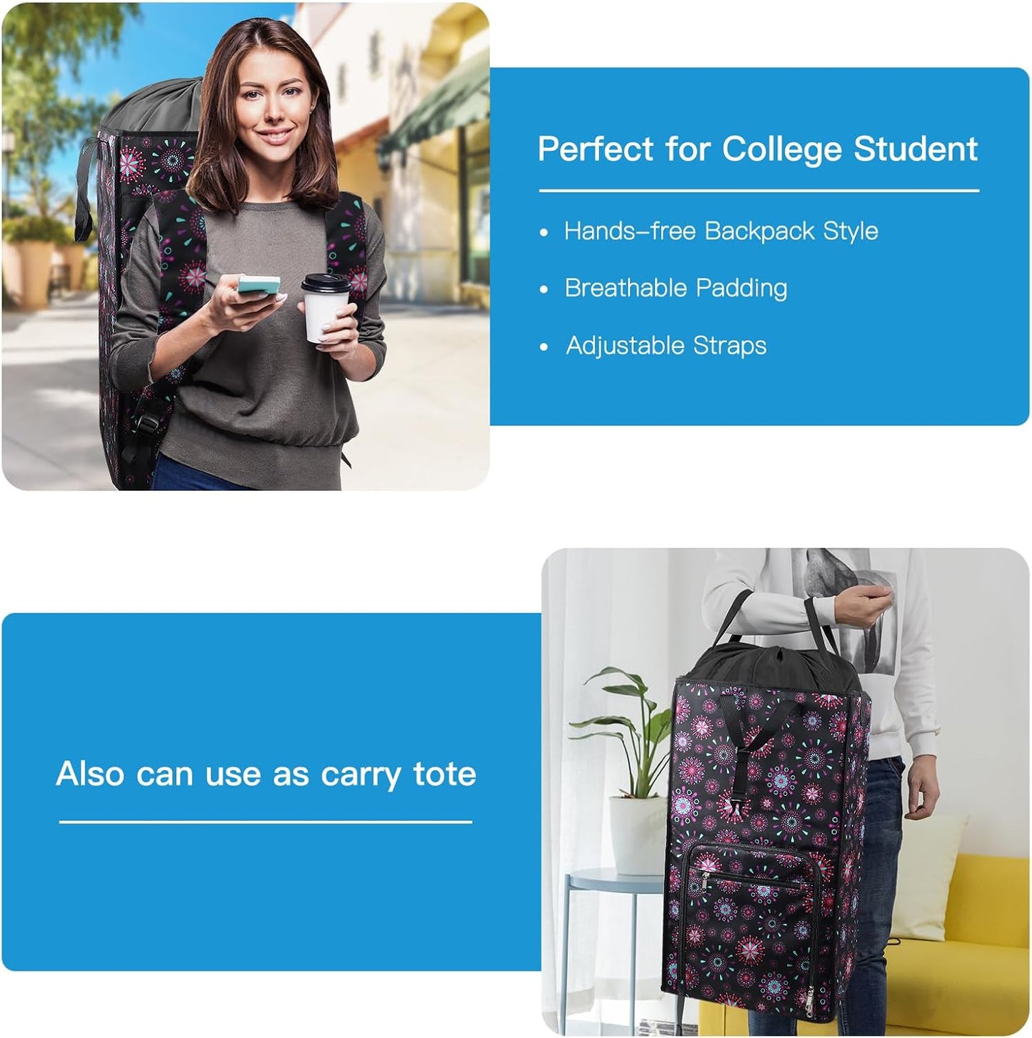 Bukere Laundry Backpack Bag for College Students Dorm Room Essentials, Extra Large Laundry Basket Hamper, Portable Freestanding Laundry Bag with Adjustable Shoulder Straps for Women Man Cruise