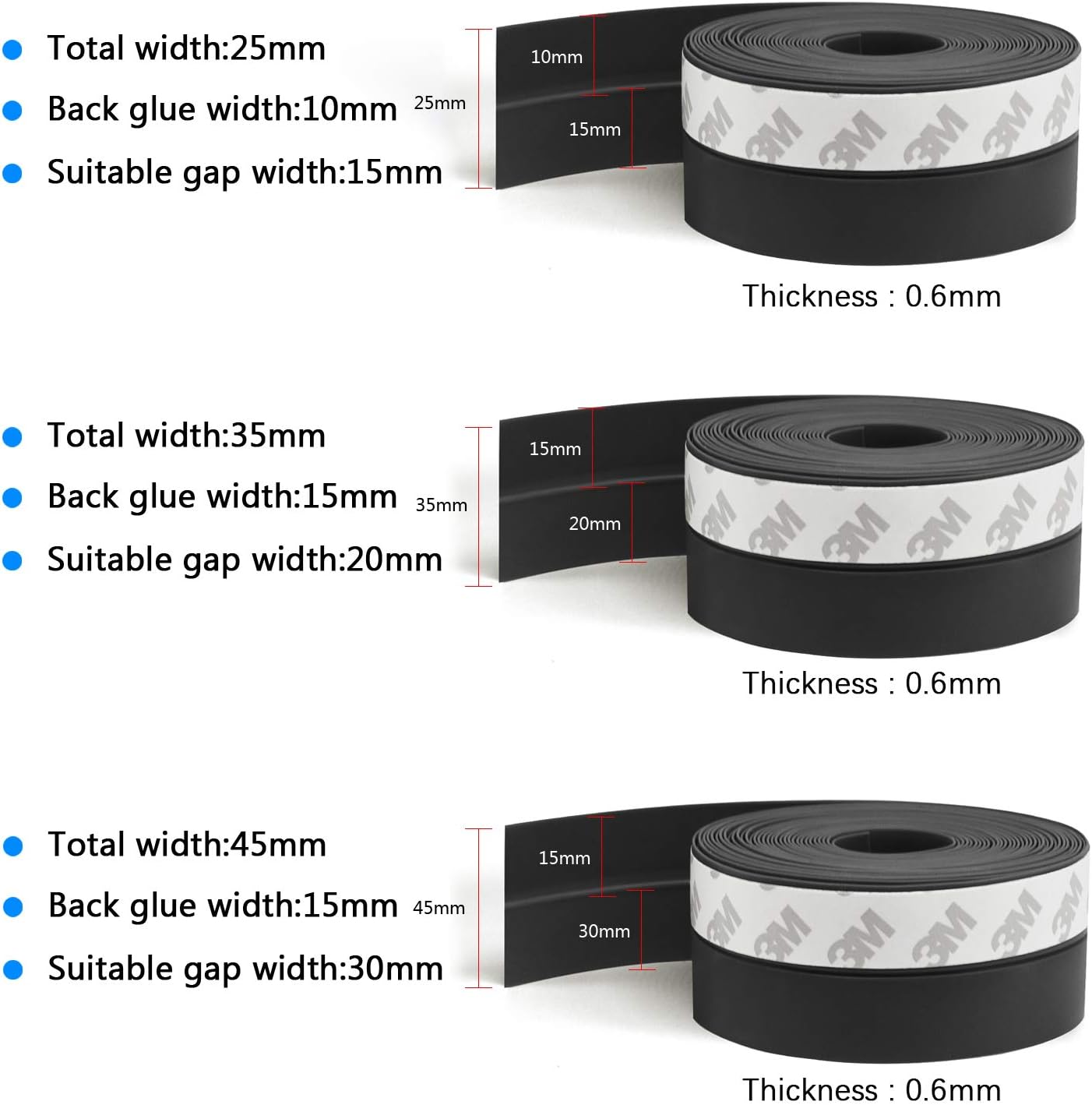 TAROSE Weather Stripping, 33 Feet Weather Seal Strip, Adhesive Silicone Tape (Black, 25MM) for Door, Shower, Window Draft Stopper