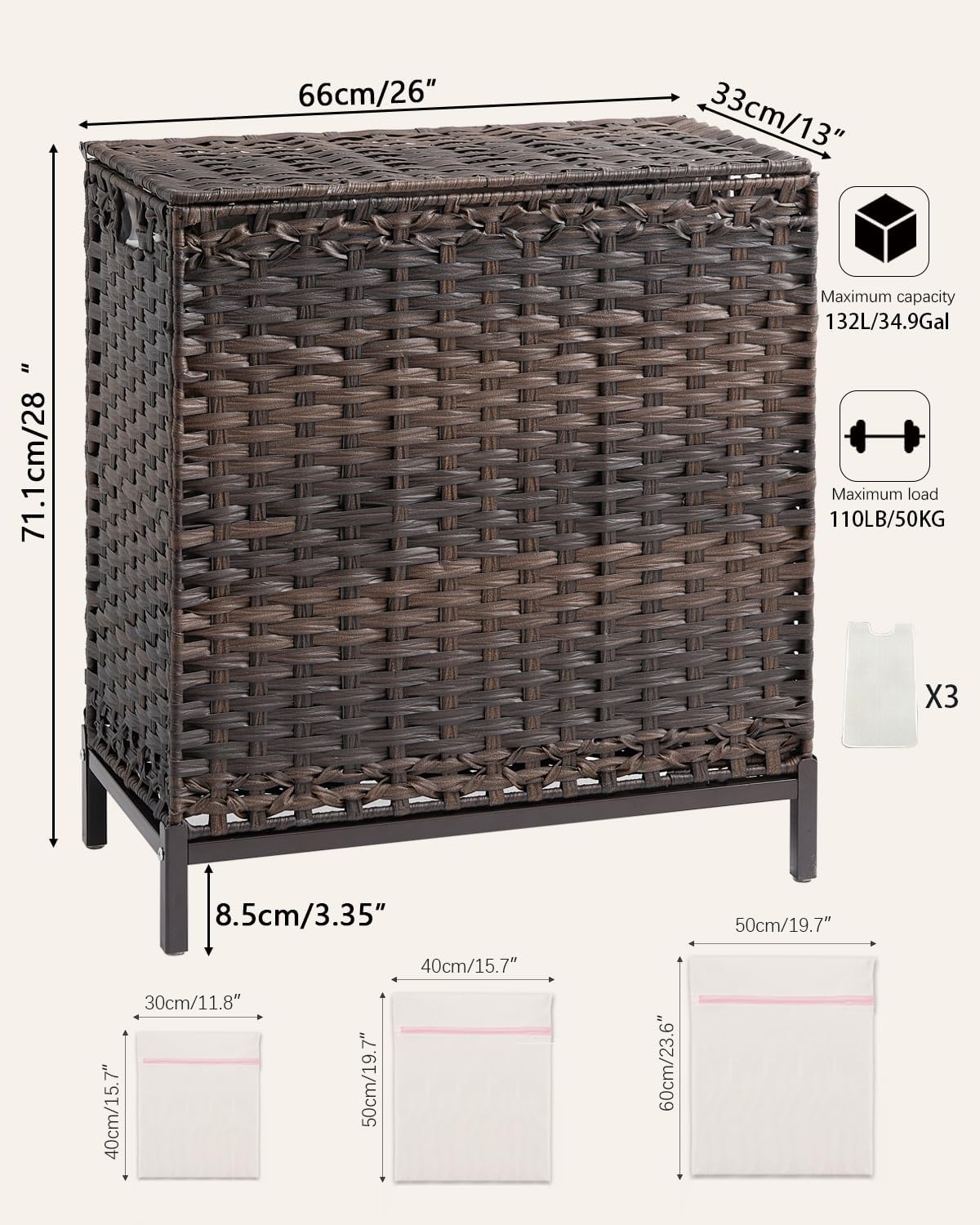 Laundry Hamper with Lid 132 L, (35 Gallons) Clothes Hamper with Lid, Handwoven Rattan Laundry Hamper with Metal Heightened Feet, Laundry Hampers with 3 Removable Liner Bags for Laundry-Brown