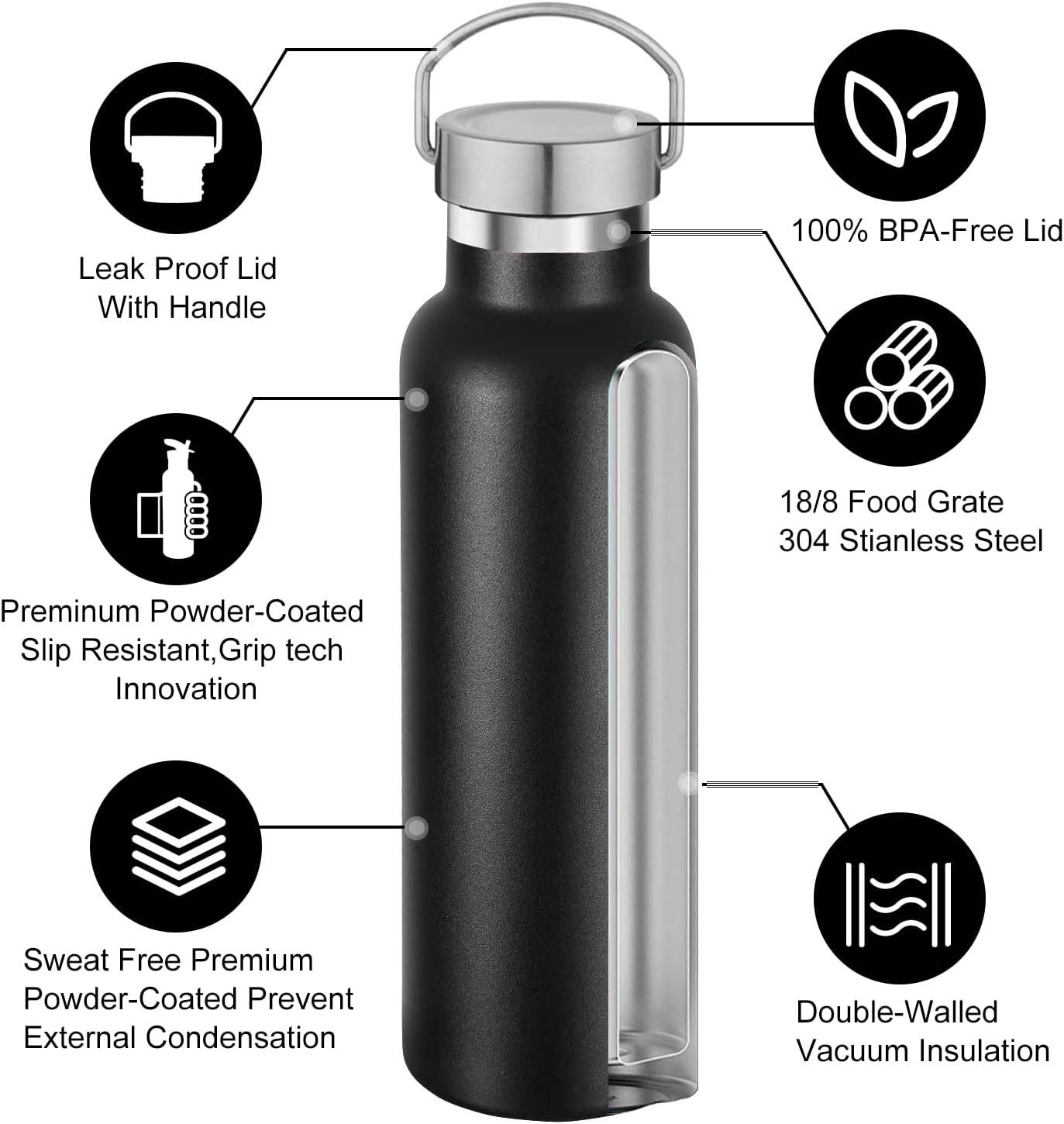Neihepal 20 oz Insulated Water Bottles Bulk 2 Pack,Stainless Steel Double Wall Sport Bottle with Lid of Handle,Metal Reusable Thermoses Flask with Cup Cap for School,Hikers,Gift (Black,Set of 2)