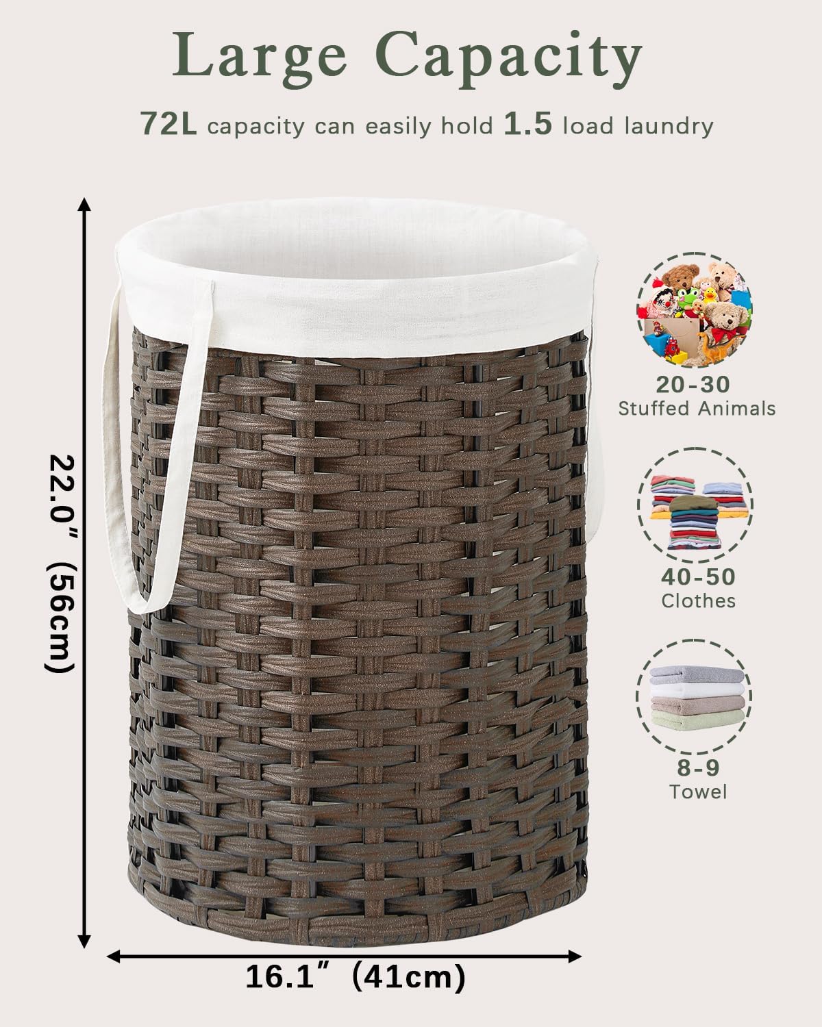 Laundry Hamper Laundry Basket Round 19.0 Gal (72 L) Handwoven Rattan Laundry Basket, Large Wicker Laundry Hamper with Removable Laundry Bag Handles 2 Mesh Bags for Bathroom Living Room Brown
