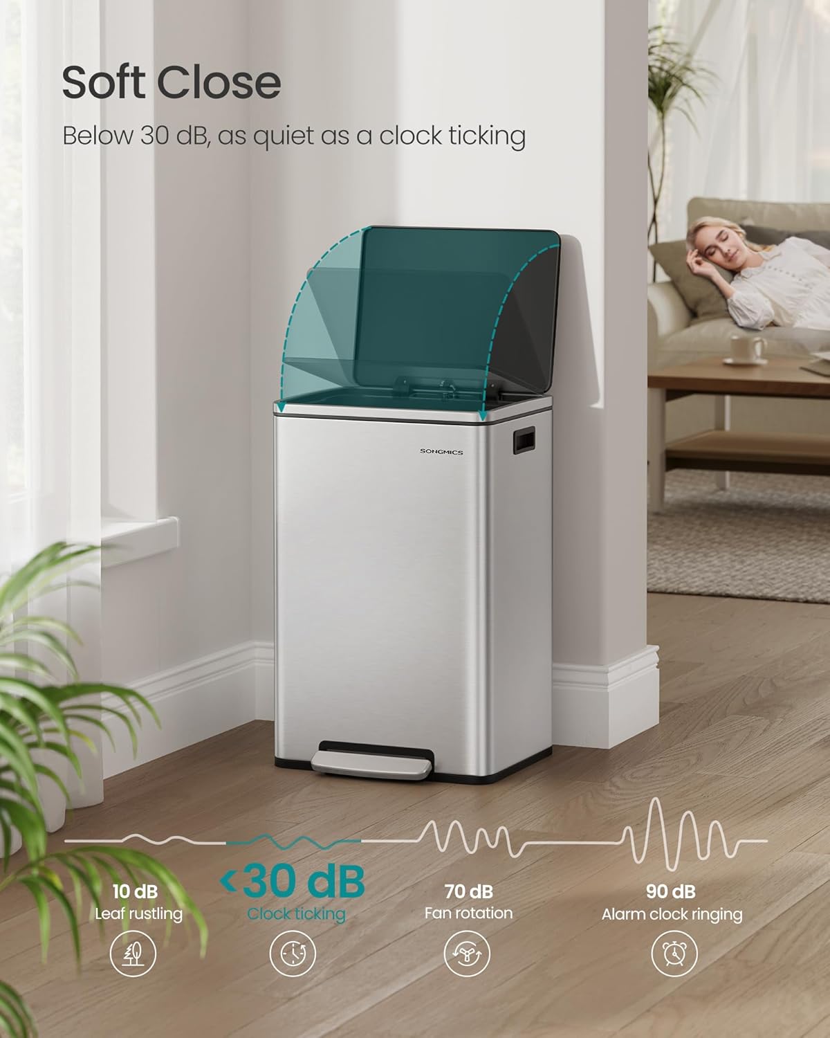 SONGMICS Trash Can, 13-Gallon Gabbage Can, with 15 Trash Bags, Stainless Steel, with Soft-Close Lid, Removable Inner Bucket, Handles, Silver ULTB595E01