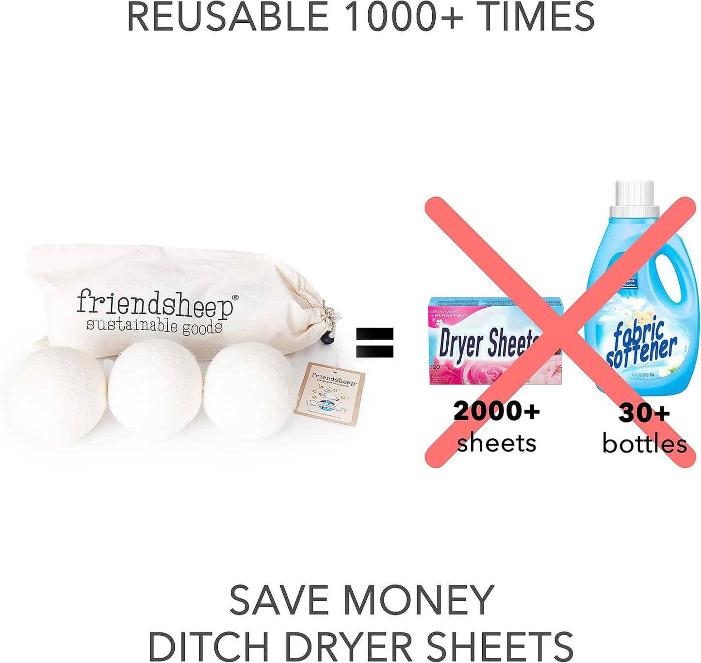 Friendsheep Wool Dryer Balls, Organic Reusable Fabric Softener Alternative for Laundry, Handmade, Fair Trade, Hypoallergenic, Eco-Friendly, Plastic-Free (3 Pack XL – White Trio)