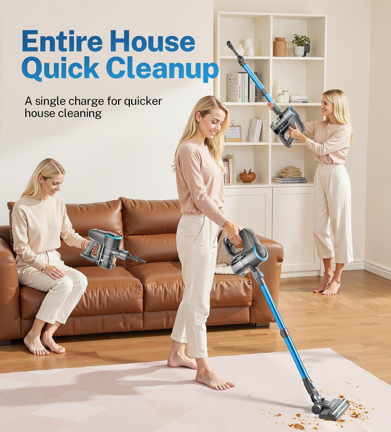 DEVOAC Cordless Vacuum Cleaner, Ultra-Lightweight Stick Vacuum, 2200mAh Battery Up to 40mins Runtime, 6 in 1 Powerful Handheld Vacuum for Home Hard Floor Carpet Pet Hair (Sky)