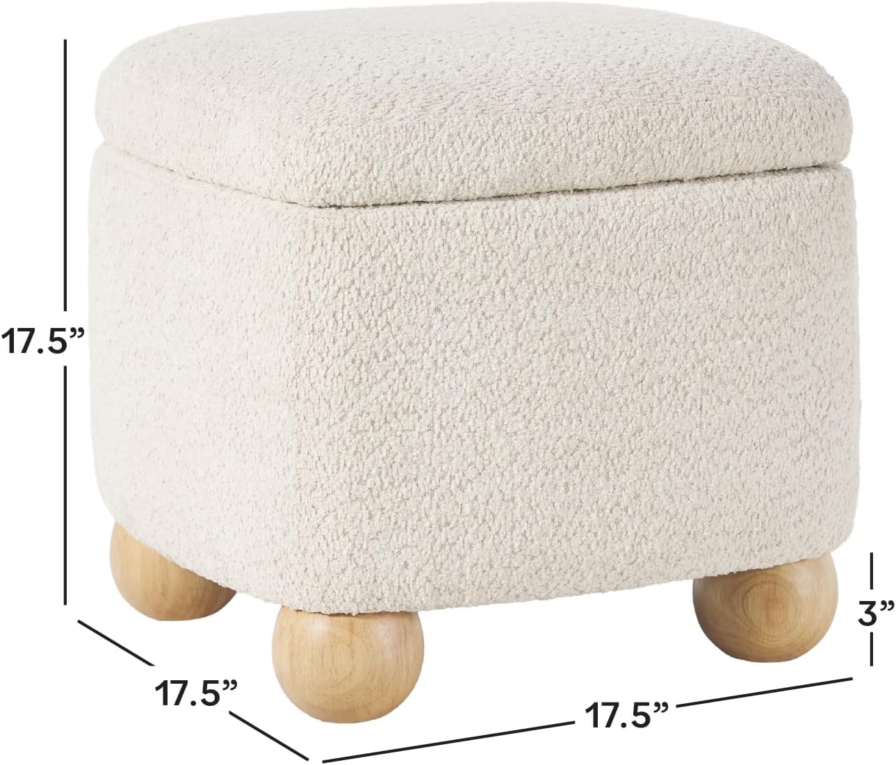 Walker Edison Linley Contemporary Small Storage Bouclé Ottoman with Wood Legs, Ivory