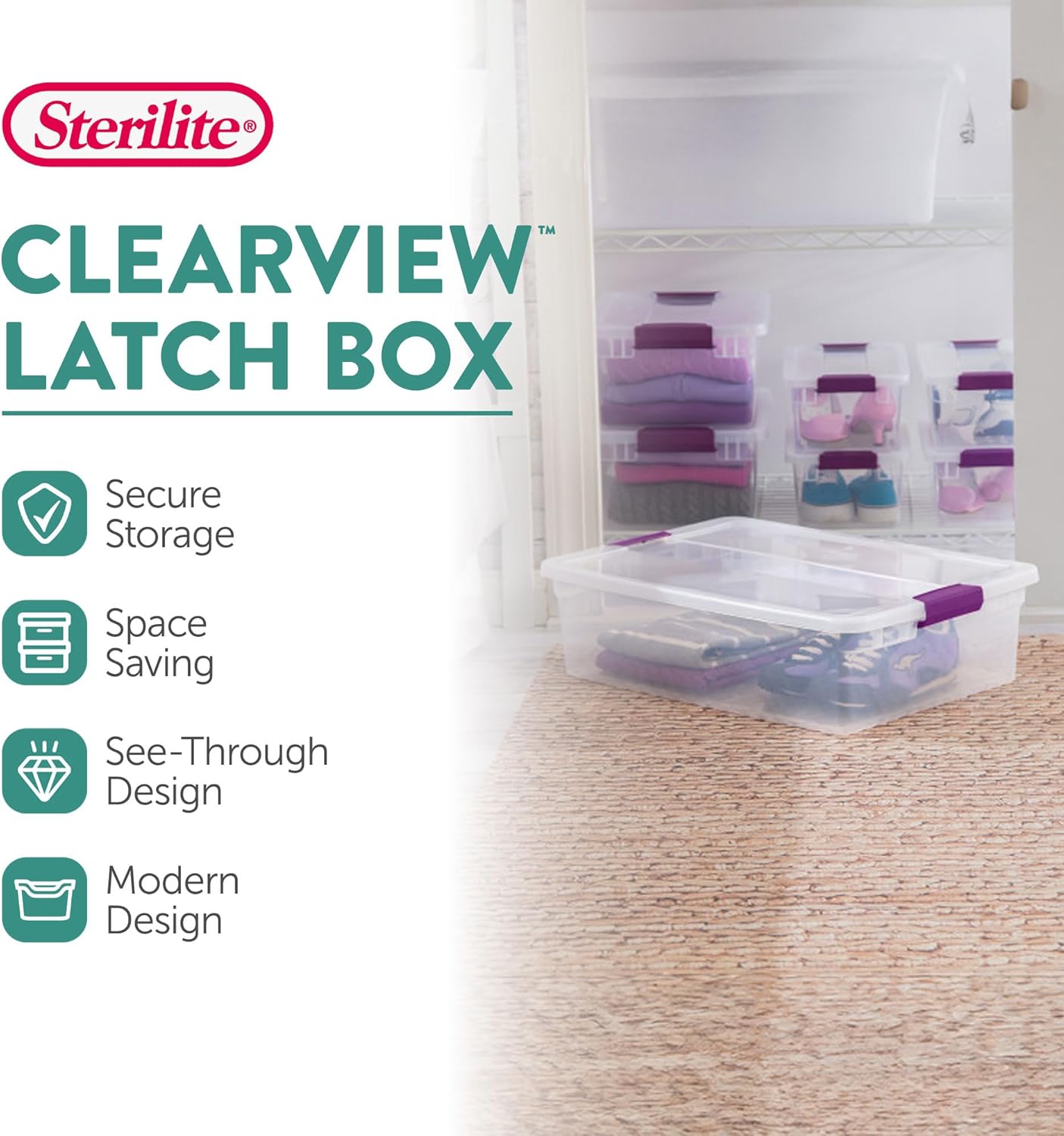 Sterilite 18-Pack 32 Quart ClearView Latch Box, Stackable Organizer Bins with Latching Lids - Clear Plastic Organization Containers for Closet, Bedroom, Shelving Units and Everyday Home Storage