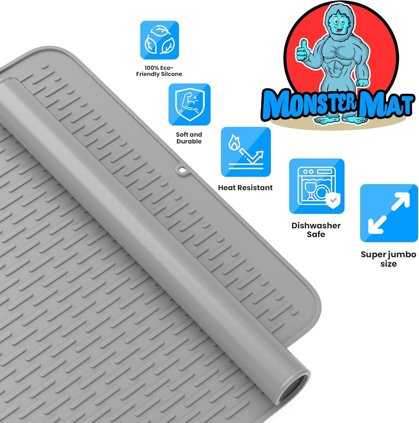 Monster Mat Extra Large Silicone Dish Drying Mat (30"x24") – Heavy Duty & Fast-Drying Silicone Mat - Non-Slip XL Dish Drying Mat For Kitchen Counter - Gray