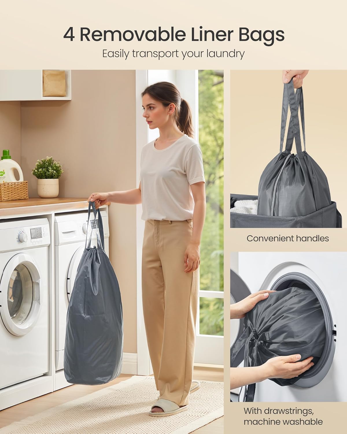 SONGMICS 55.4 Gallon (210 L) Laundry Hamper, 4-Compartment Laundry Basket Sorter with Lid, Labels, Removable Liner Bags, for Bedroom, Dark Gray URLH014G01