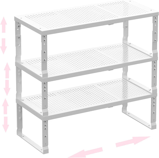 Metal Stackable Expandable Storage Shelf - Multi-Functional Home Storage Shelf, Suitable for Kitchen, Cabinet，Bathroom, Office, Garage, etc.（3PACKS/White/Large